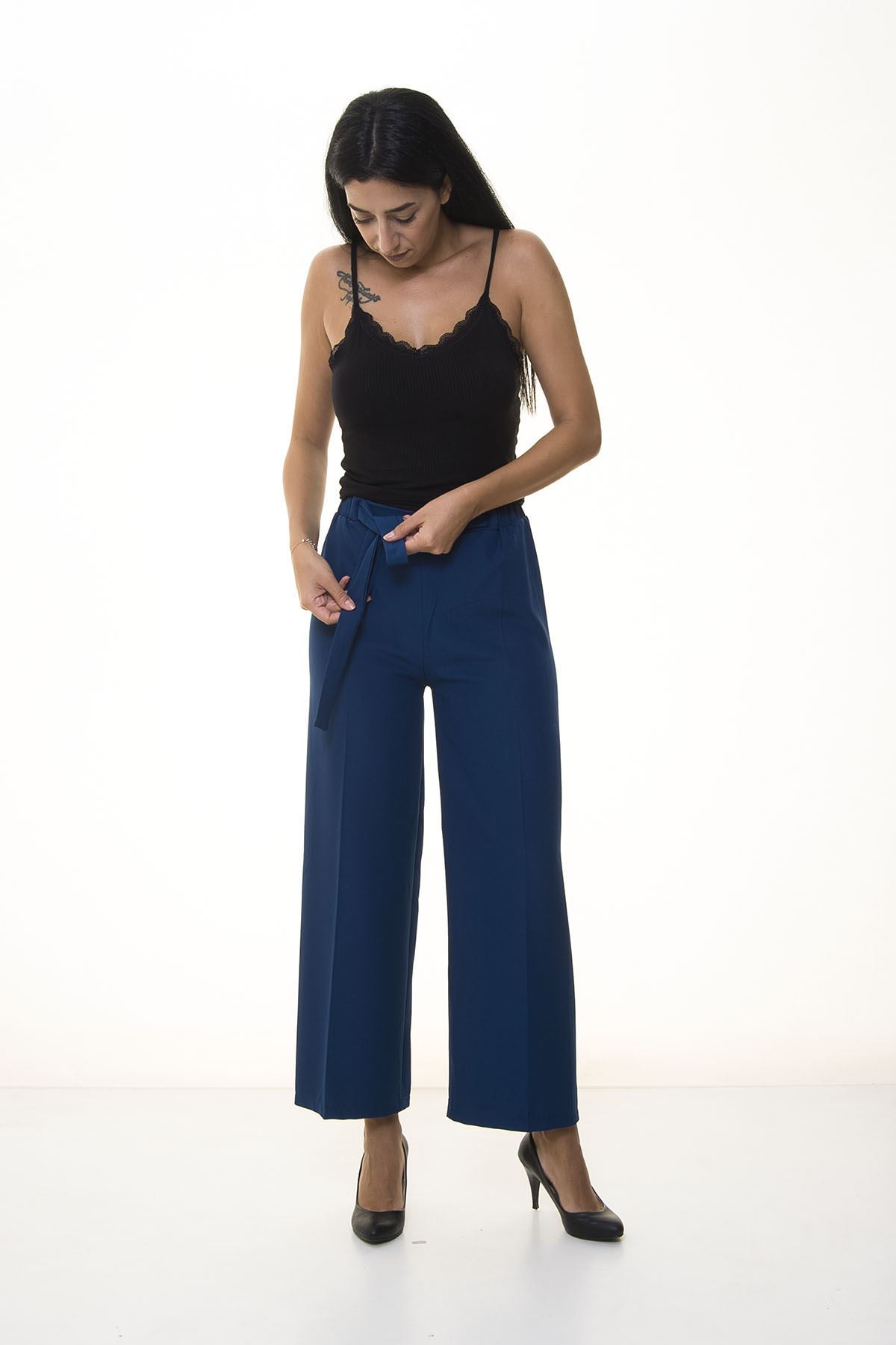 Kadın Mavi Beli Lastikli Bol  Pantolon 6D-1049