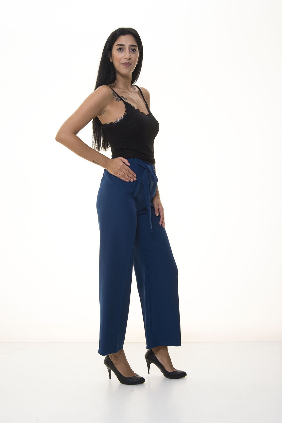 Kadın Mavi Beli Lastikli Bol  Pantolon 6D-1049