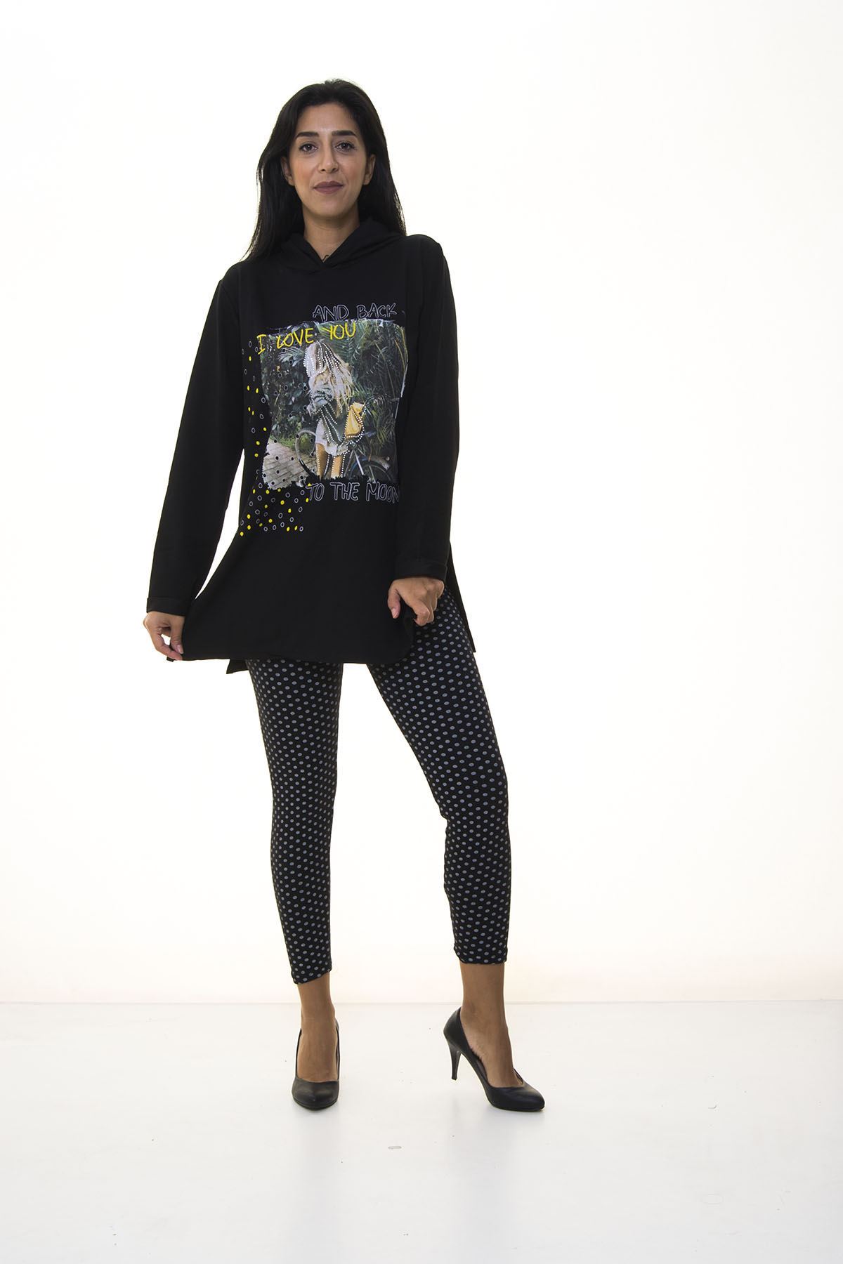 Kadın Siyah Kapşonlu Sweatshirt 2D-1094