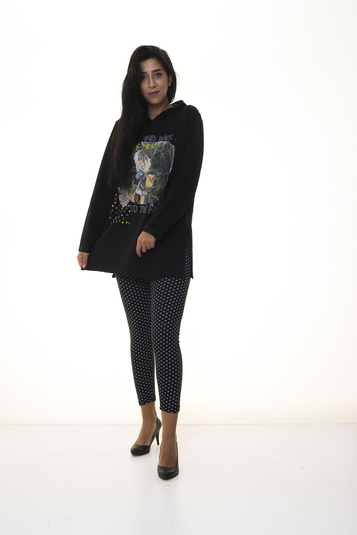 Kadın Siyah Kapşonlu Sweatshirt 2D-1094