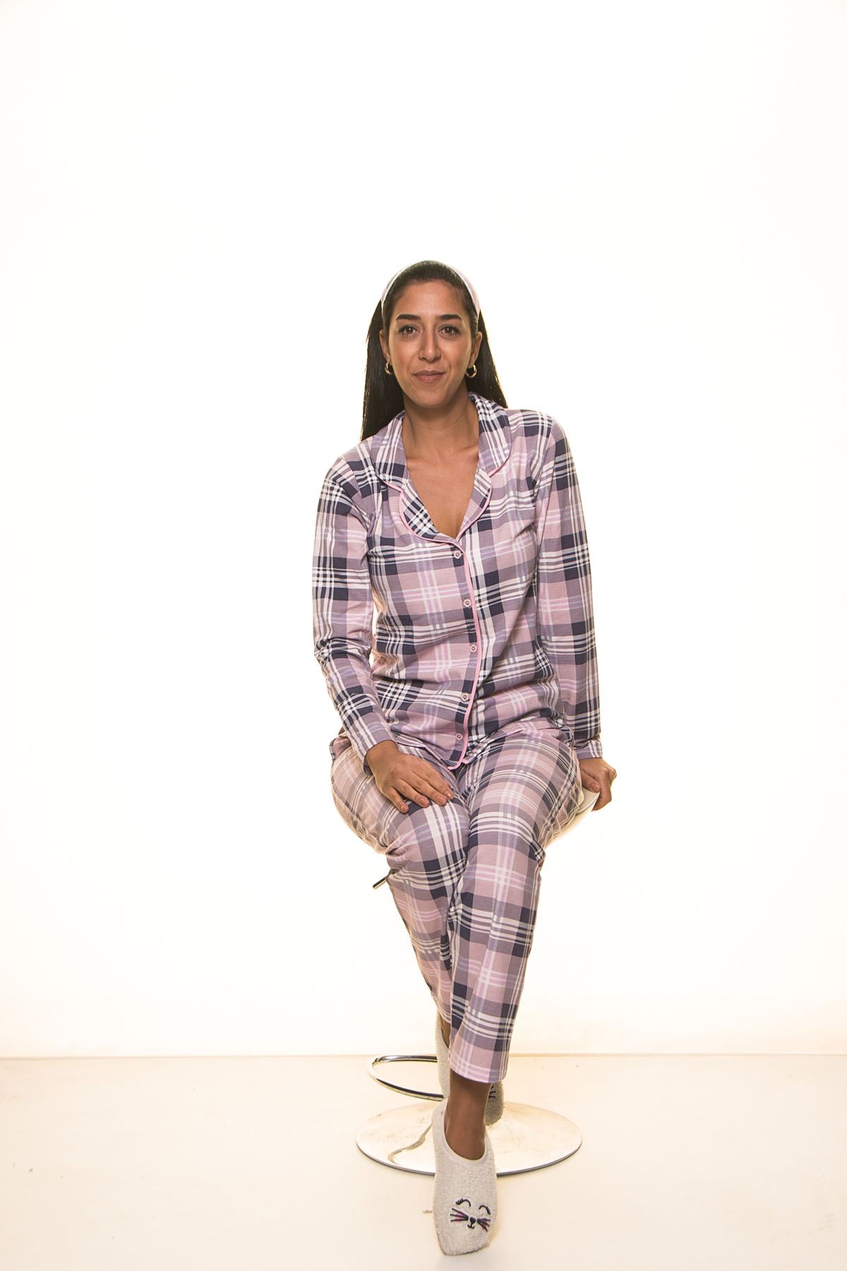 Kadın Pembe Kışlık Ekoseli Şardonlu Pijama Takım 13E-9098