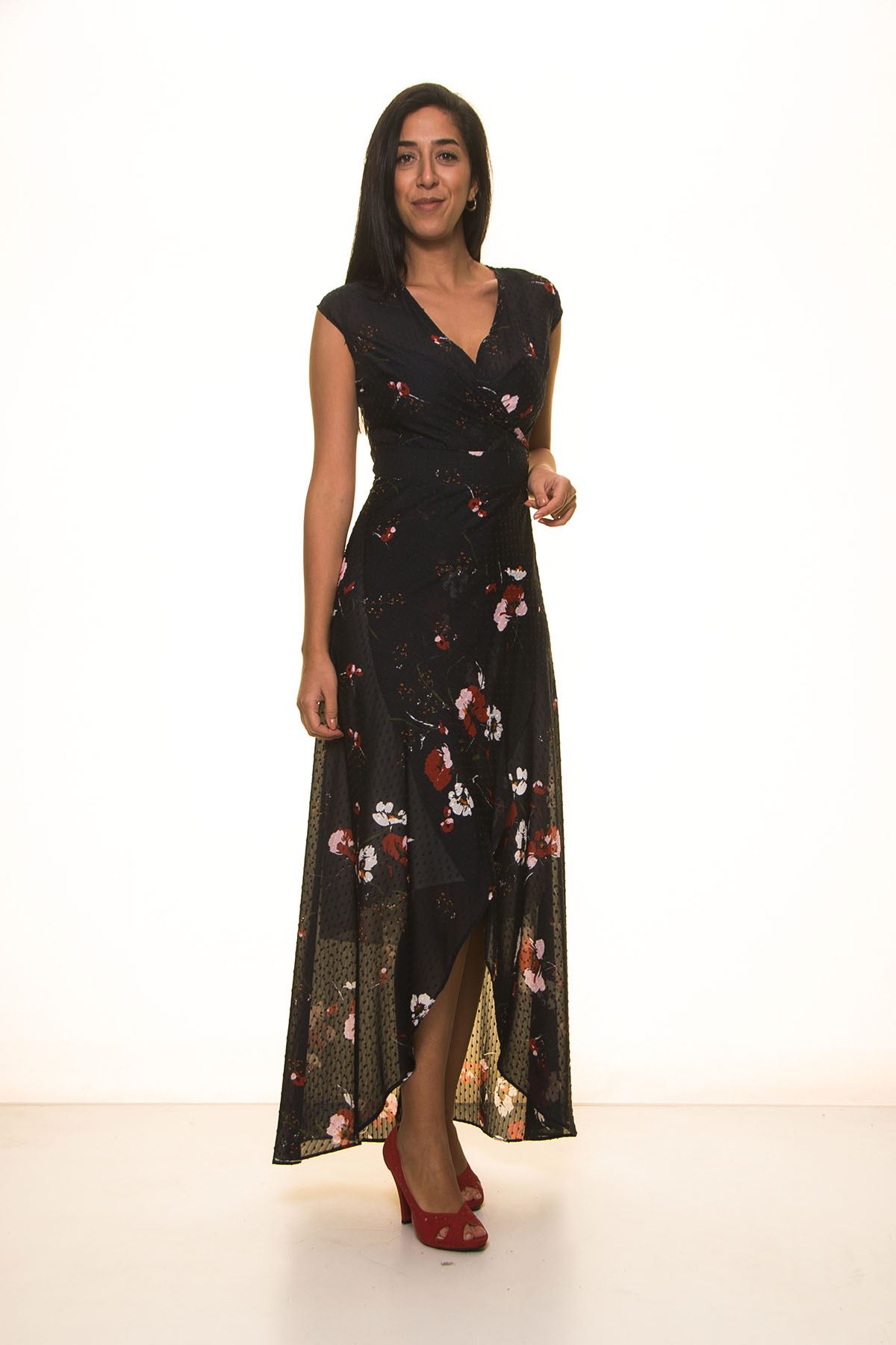 Lacivert Çiçek Desenli Uzun Elbise K7-1100