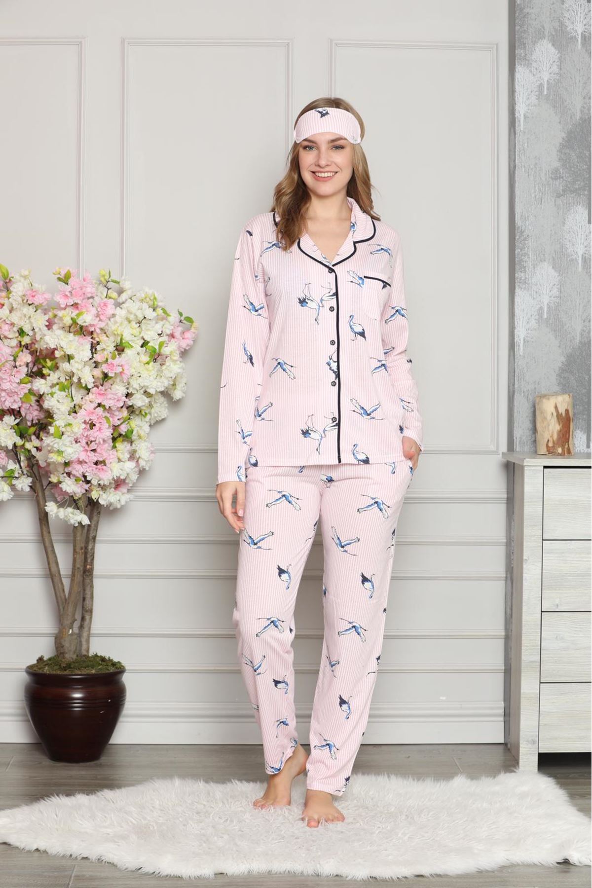Pembe Beyaz Düğmeli Penye Pijama Takımı 8C-20508P