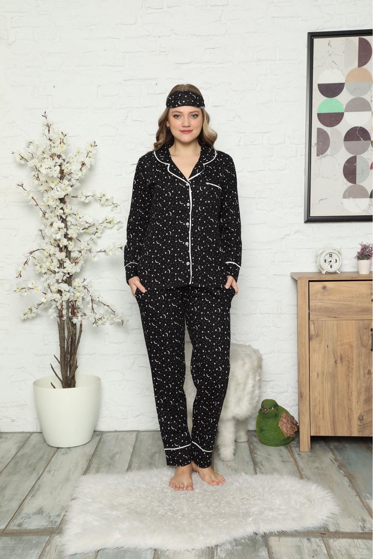 Kadın Siyah Pamuk Dokuma Uzun Kollu Pijama Takımı 8D-2501S