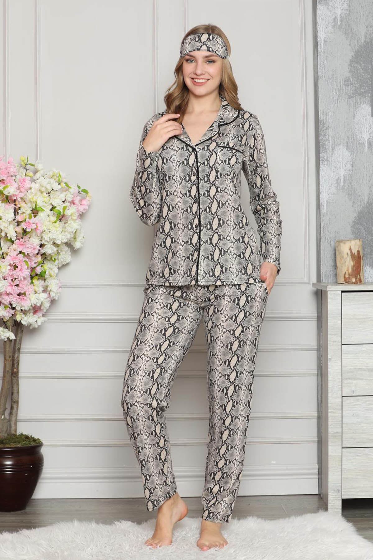 Kadın Yılan Derisi Desenli Pamuk Dokuma Uzun Kollu Pijama Takımı 8D-20506