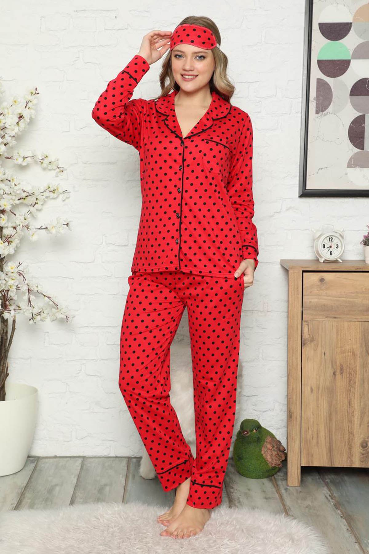 Kırmızı Puantiyeli Pamuk Dokuma Uzun Kollu Pijama Takımı 8D-2503