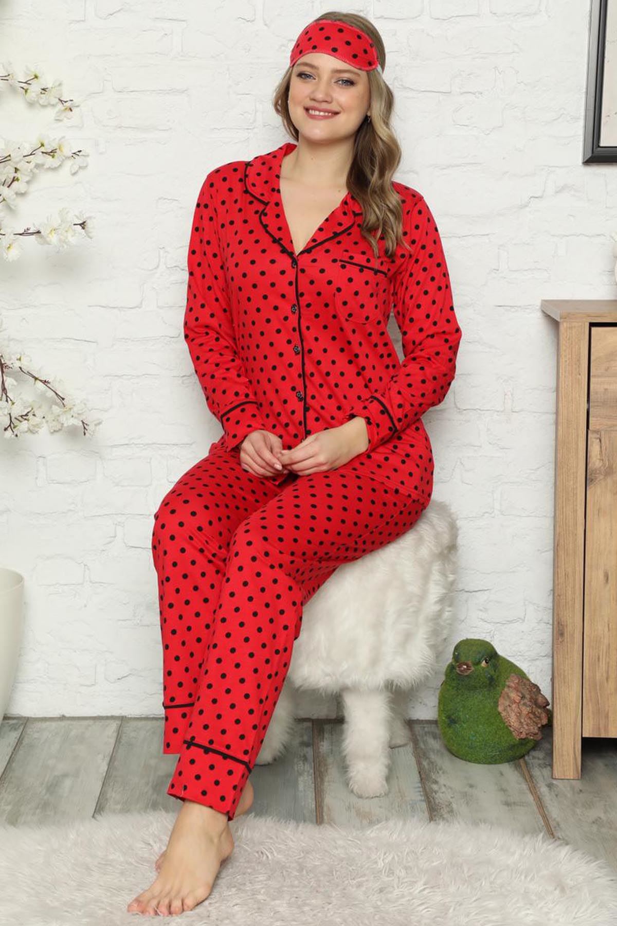 Kırmızı Puantiyeli Pamuk Dokuma Uzun Kollu Pijama Takımı 8D-2503