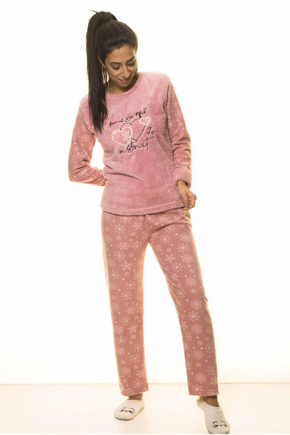Pembe Kışlık Kar Tanesi Welsoft Peluş Pijama 2C-2046
