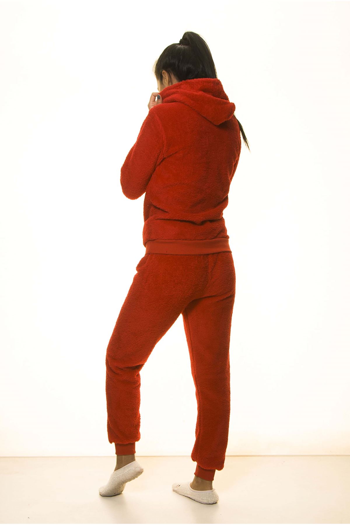Kadın Kırmızı Meow Desenli Tam Peluş Pijama Takımı 2C-2049