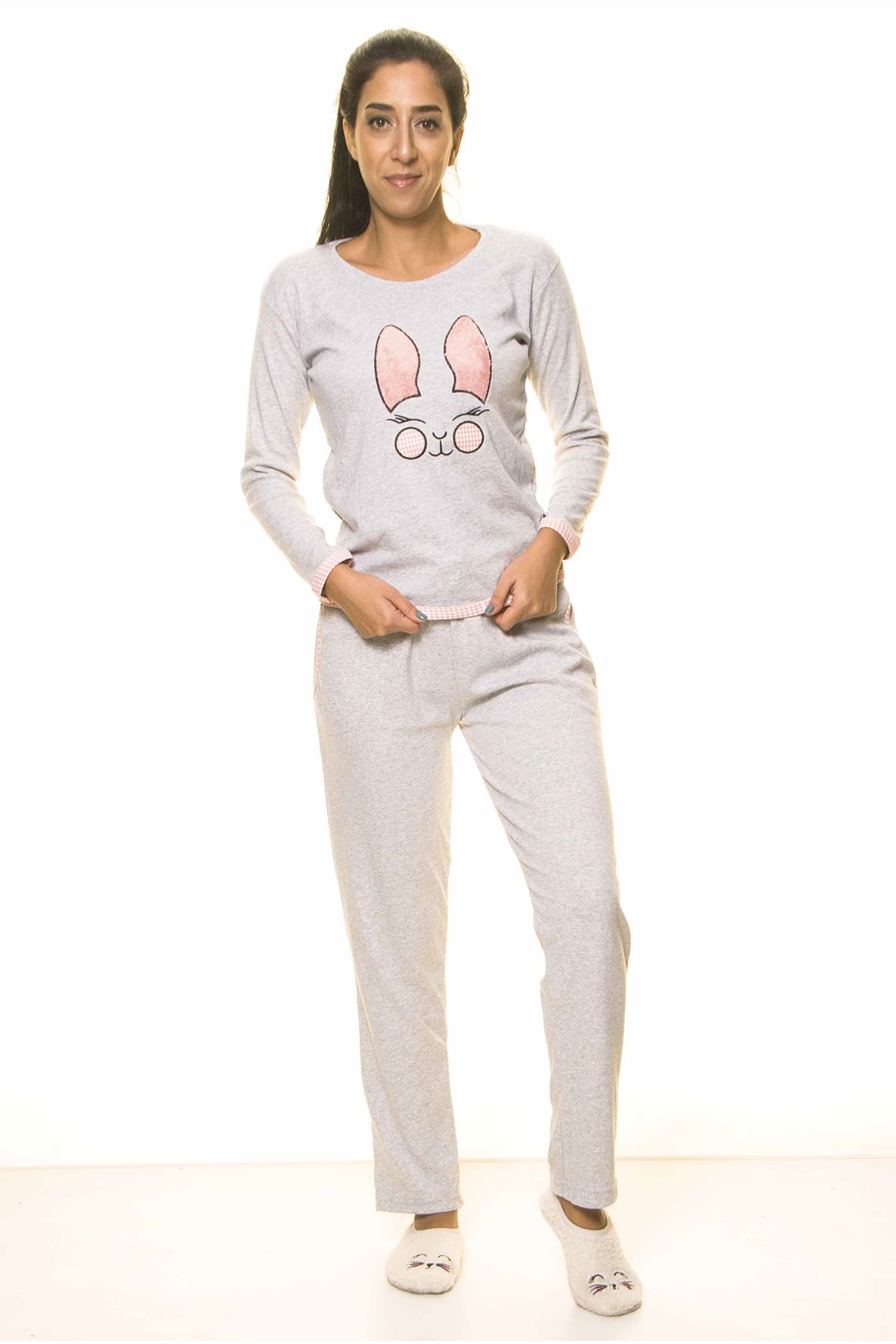 Kadın Gri Uzun Kol Pijama Takım 9E-2061