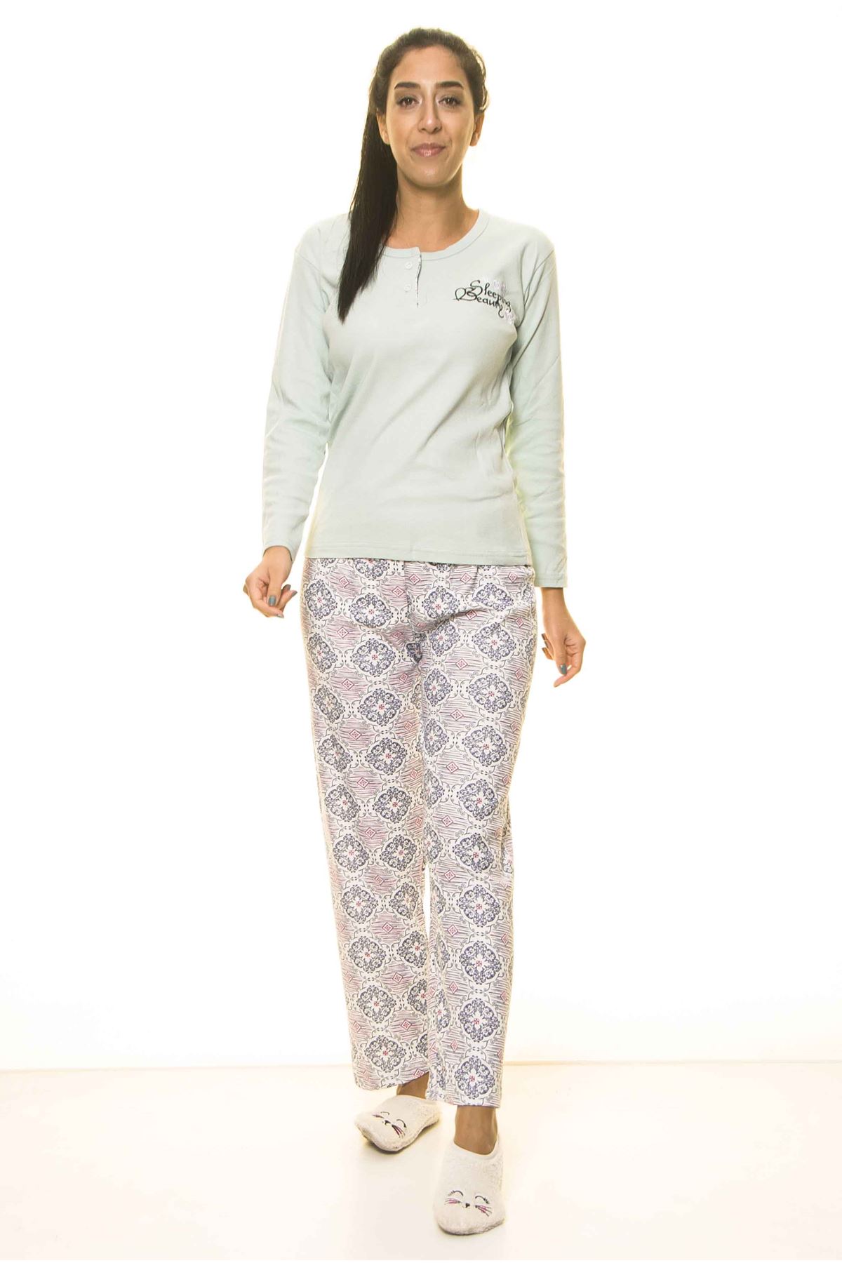 Kadın MinT Yeşil Önü Düğmeli Uzun Kol Penye Pijama Takım 9E-2063