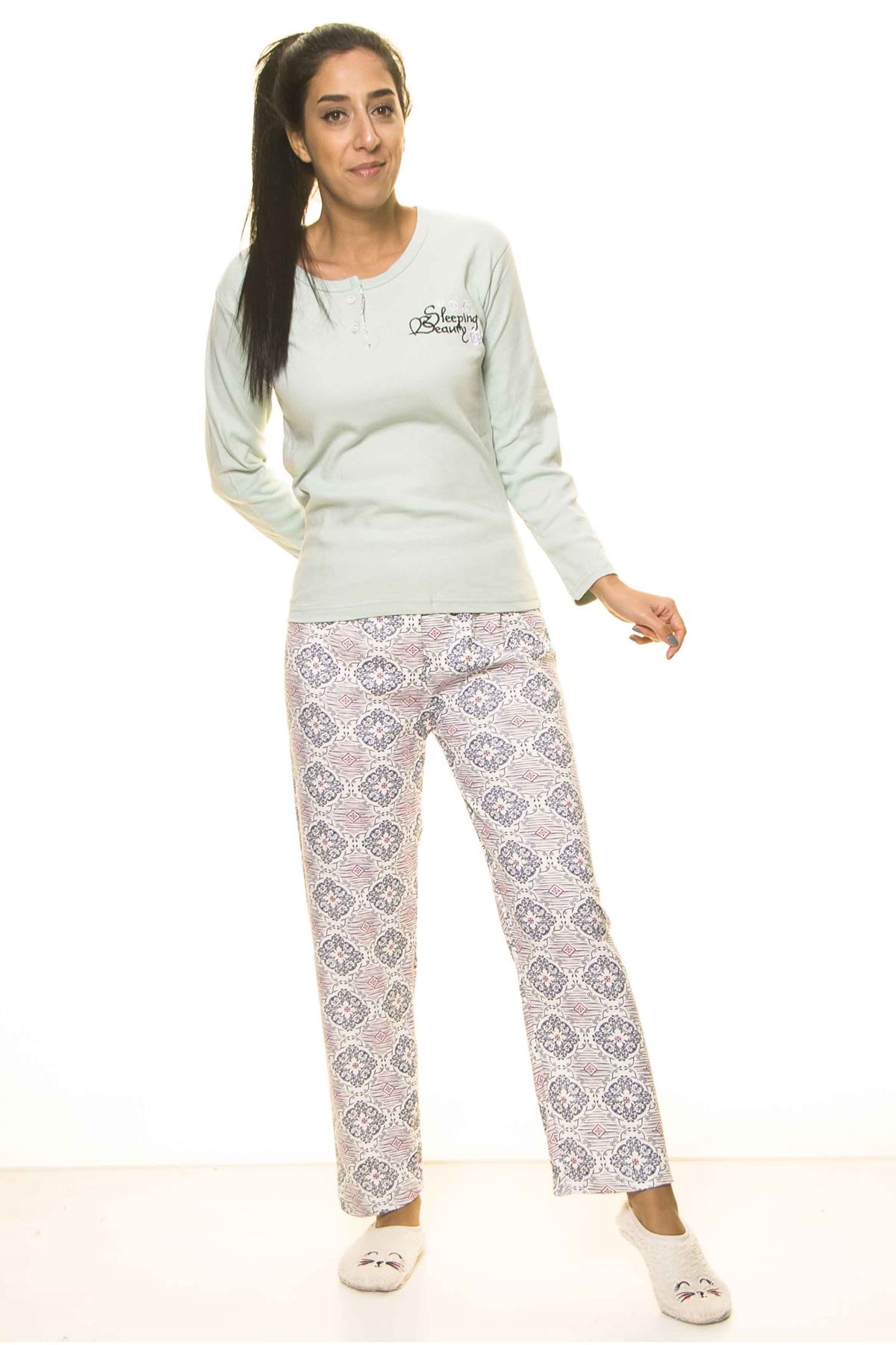 Kadın MinT Yeşil Önü Düğmeli Uzun Kol Penye Pijama Takım 9E-2063