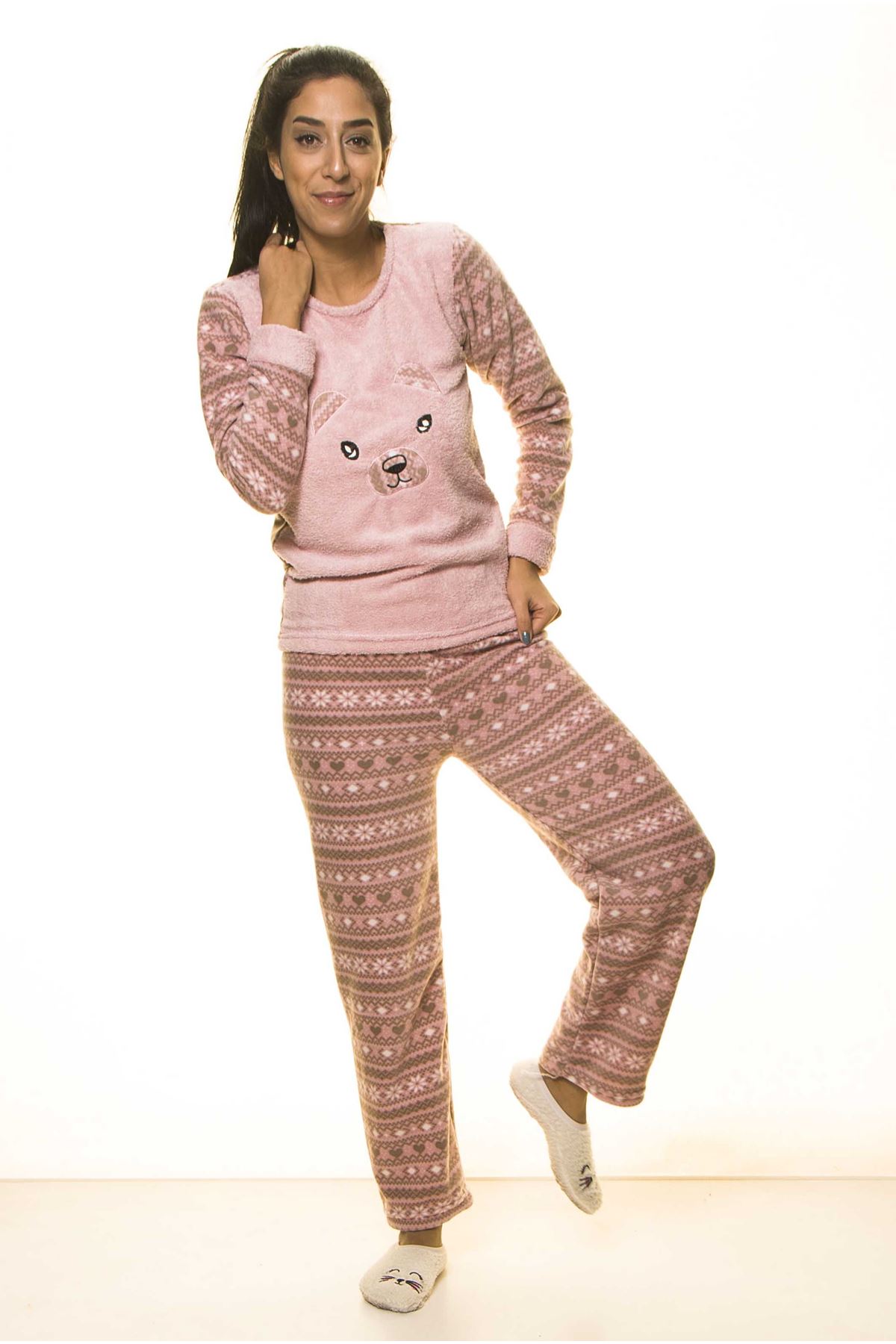 Pembe Kışlık Sevimli Welsoft Peluş Pijama 1C-2058