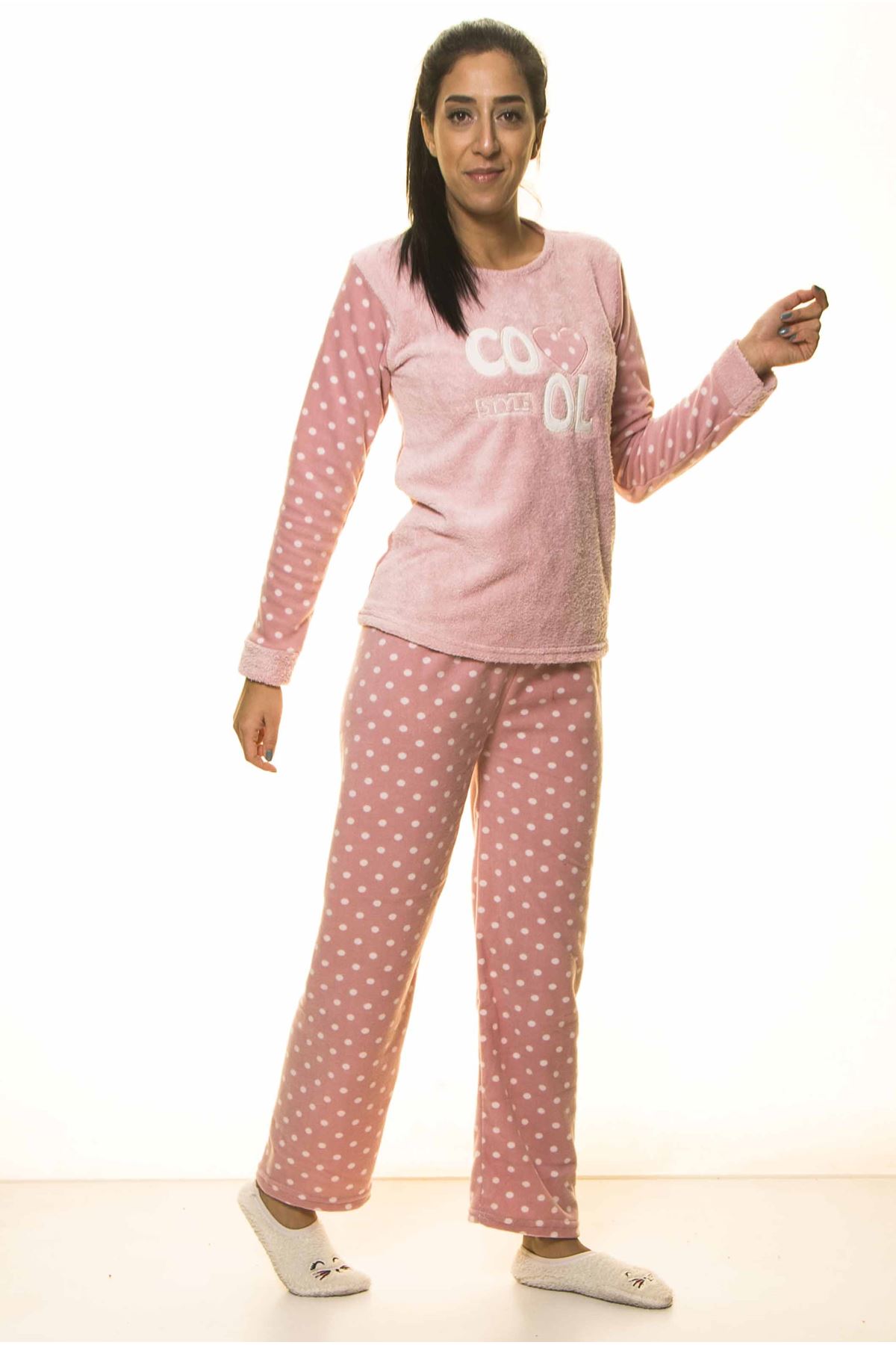 Pembe Puantiyeli Kışlık Welsoft Peluş Pijama 13E-2060