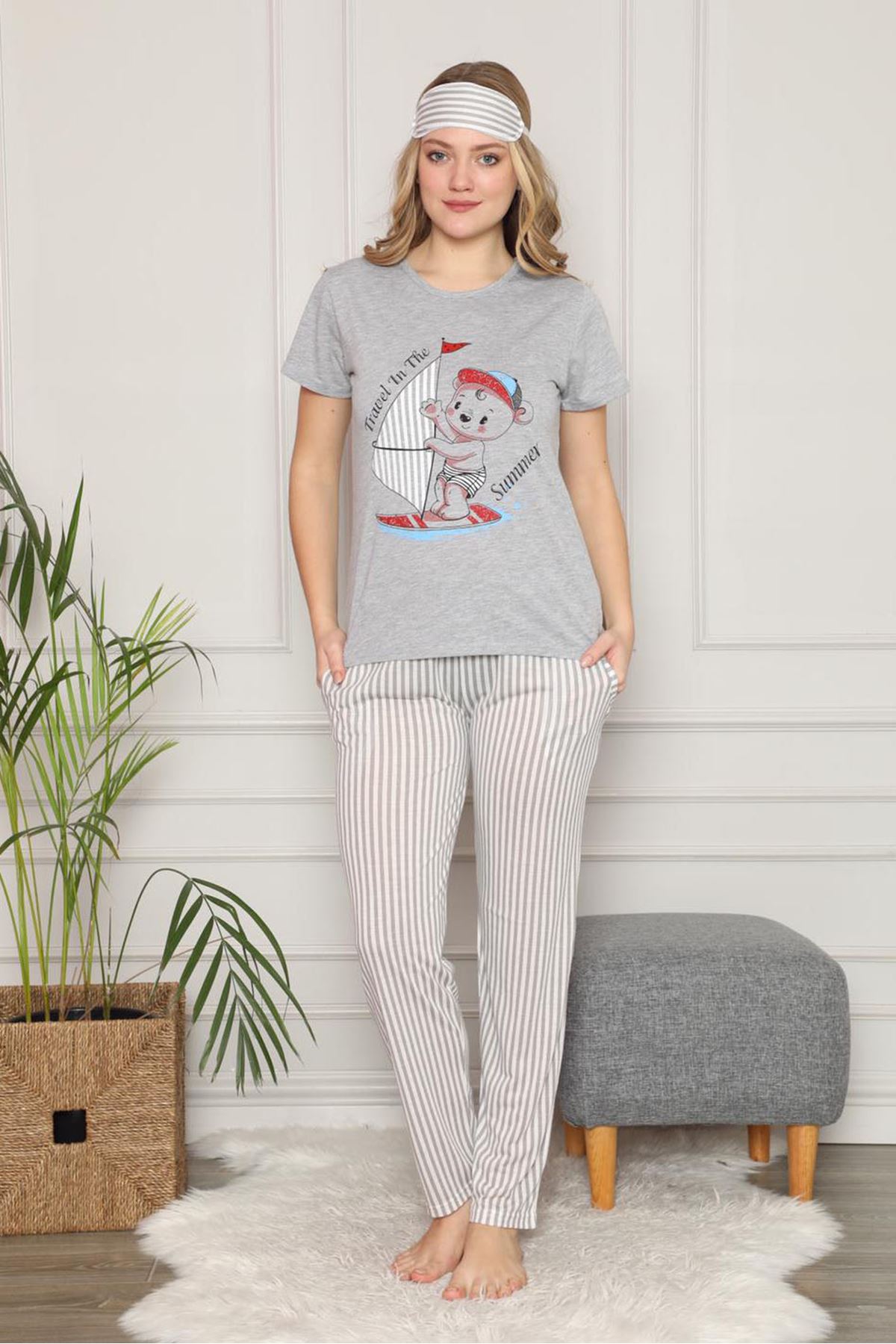Kadın Gri Kısa Kol Pijama Takımı 3E-2541