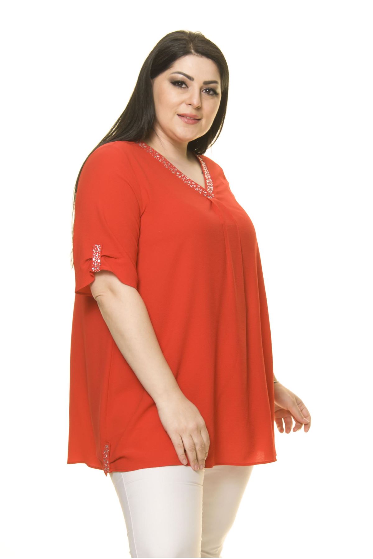 Kadın Büyük Beden Kırmızı Şifon Bluz  A6-3016-1