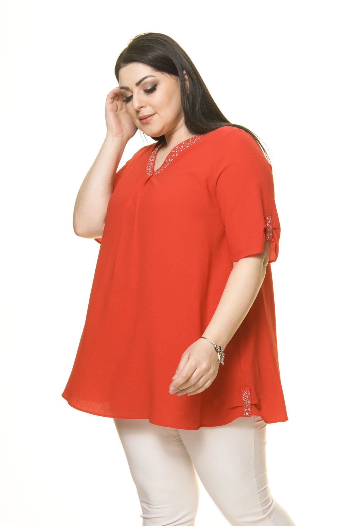 Kadın Büyük Beden Kırmızı Şifon Bluz  A6-3016-1