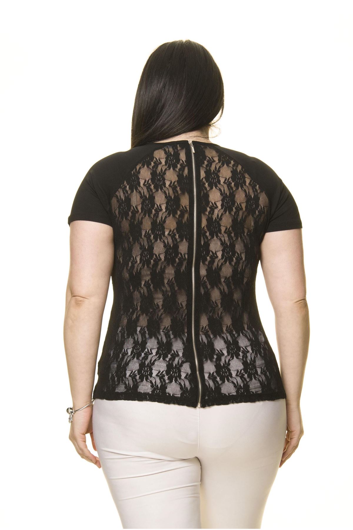 Kadın Büyük Beden Siyah  Fermuarlı Dantelli Bluz 16D-70005