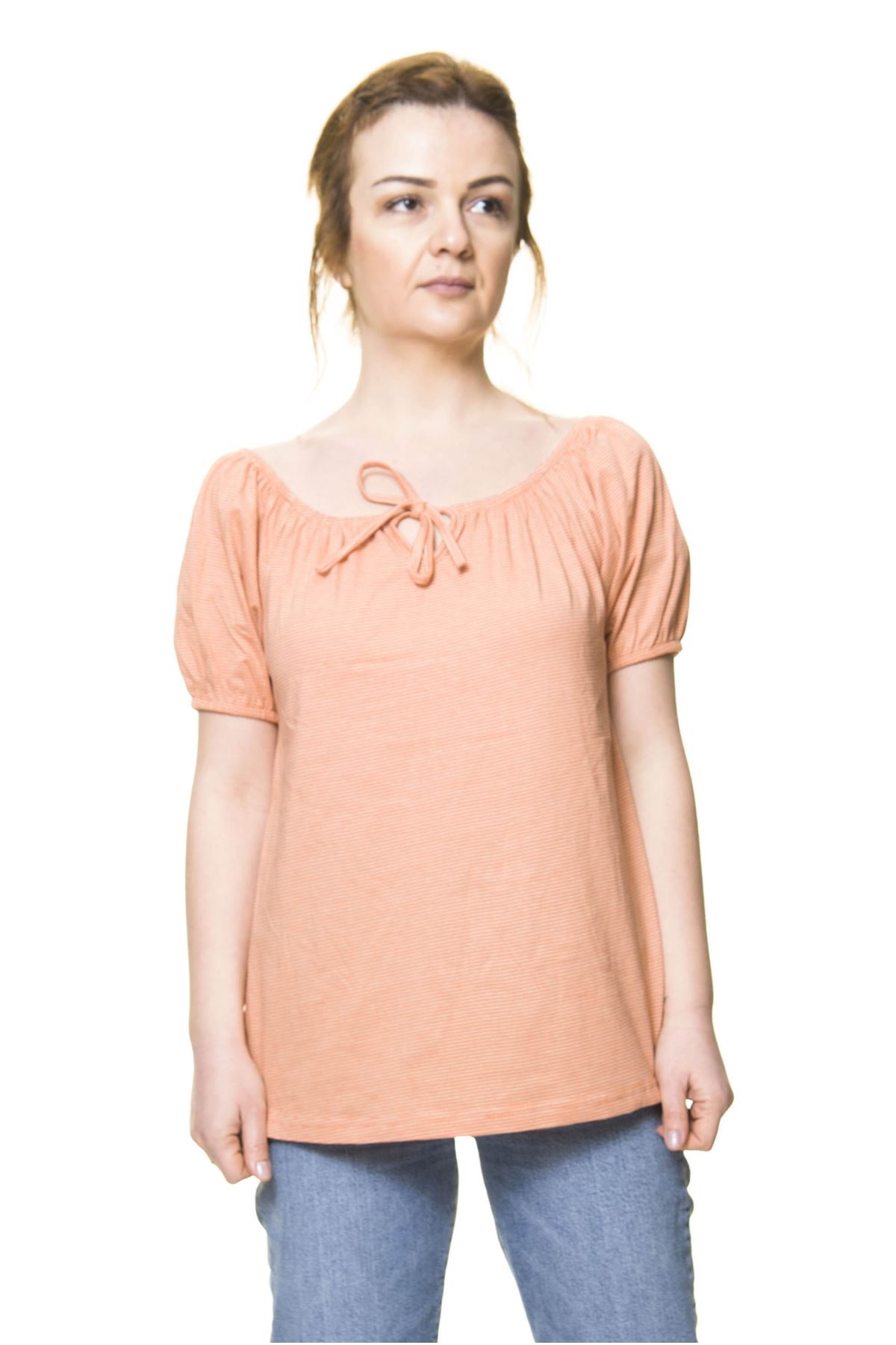 Kadın Turuncu Pamuklu Penye Bluz 5D-3044