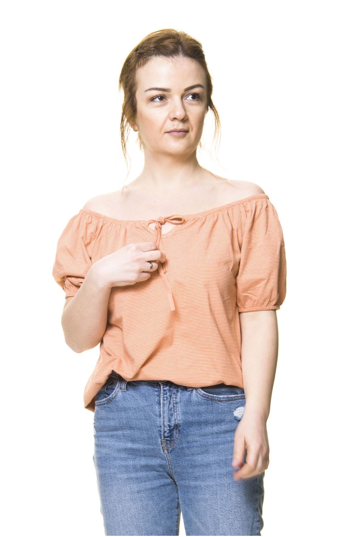 Kadın Turuncu Pamuklu Penye Bluz 5D-3044