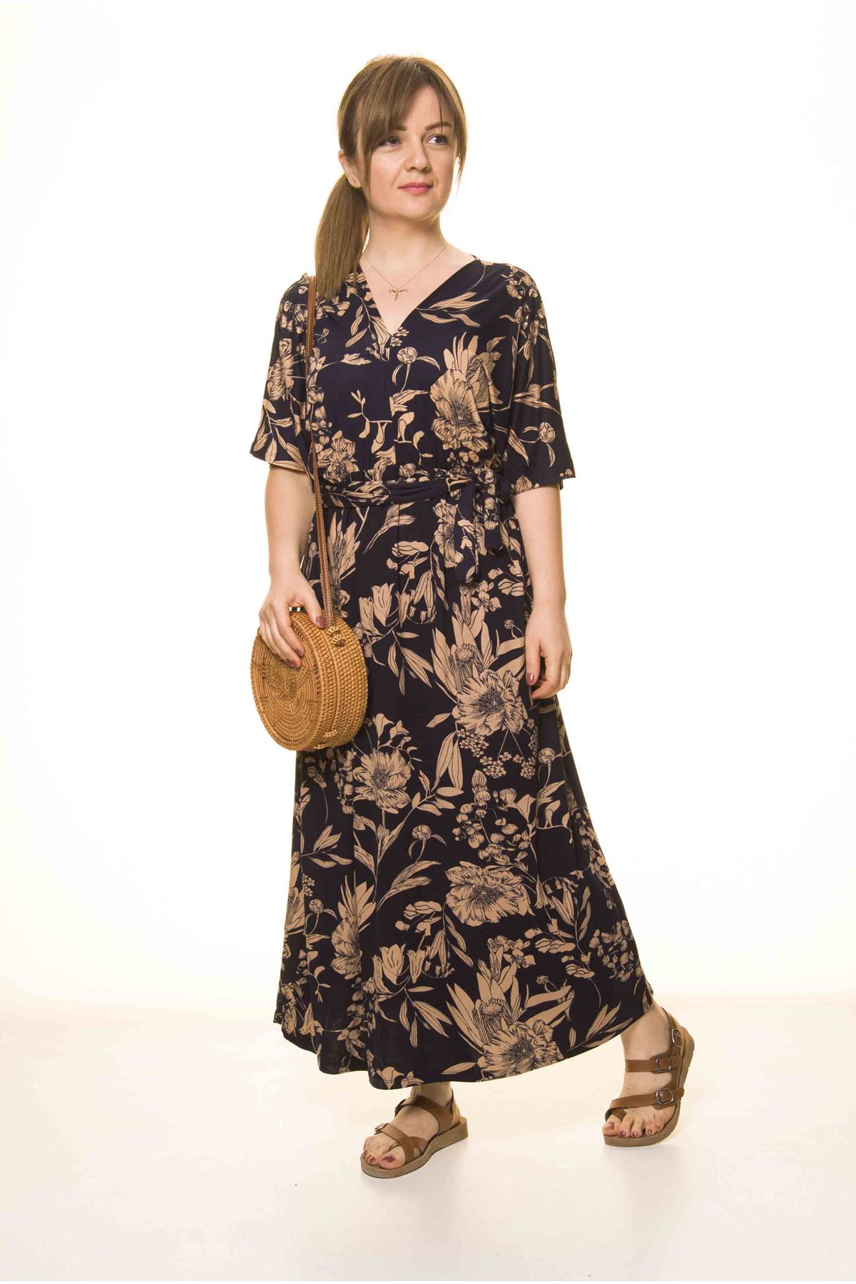 Kadın Lacivert V Yaka Beli Büzgülü Kuşaklı Salaş Elbise 17D-3076