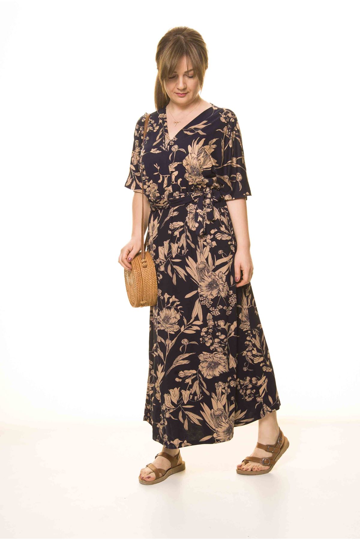 Kadın Lacivert V Yaka Beli Büzgülü Kuşaklı Salaş Elbise 17D-3076