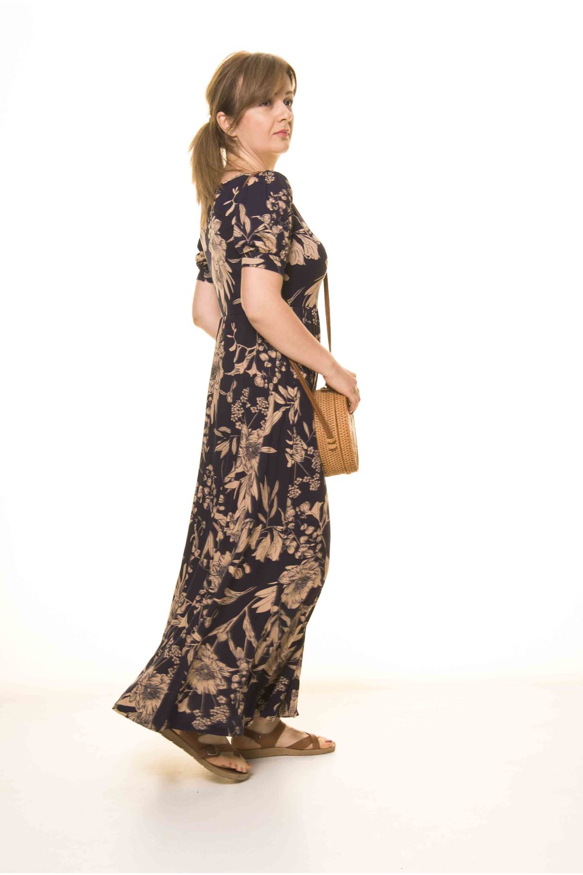 Kadın Lacivert Öpücük Yaka Karpuz Kol Uzun Elbise 17D-3077
