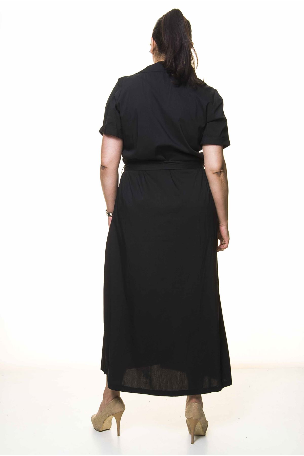 Kadın Büyük Beden Düğmeli Gömlek Yaka Siyah Uzun Elbise A3-4030