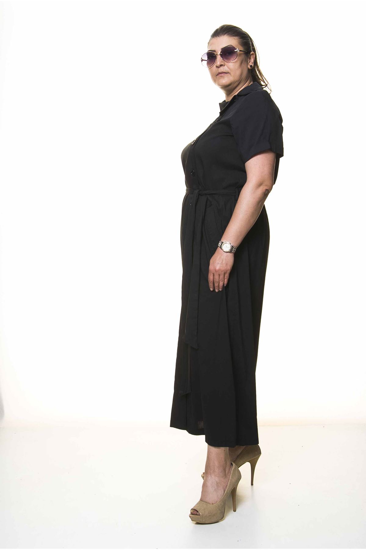 Kadın Büyük Beden Düğmeli Gömlek Yaka Siyah Uzun Elbise A3-4030