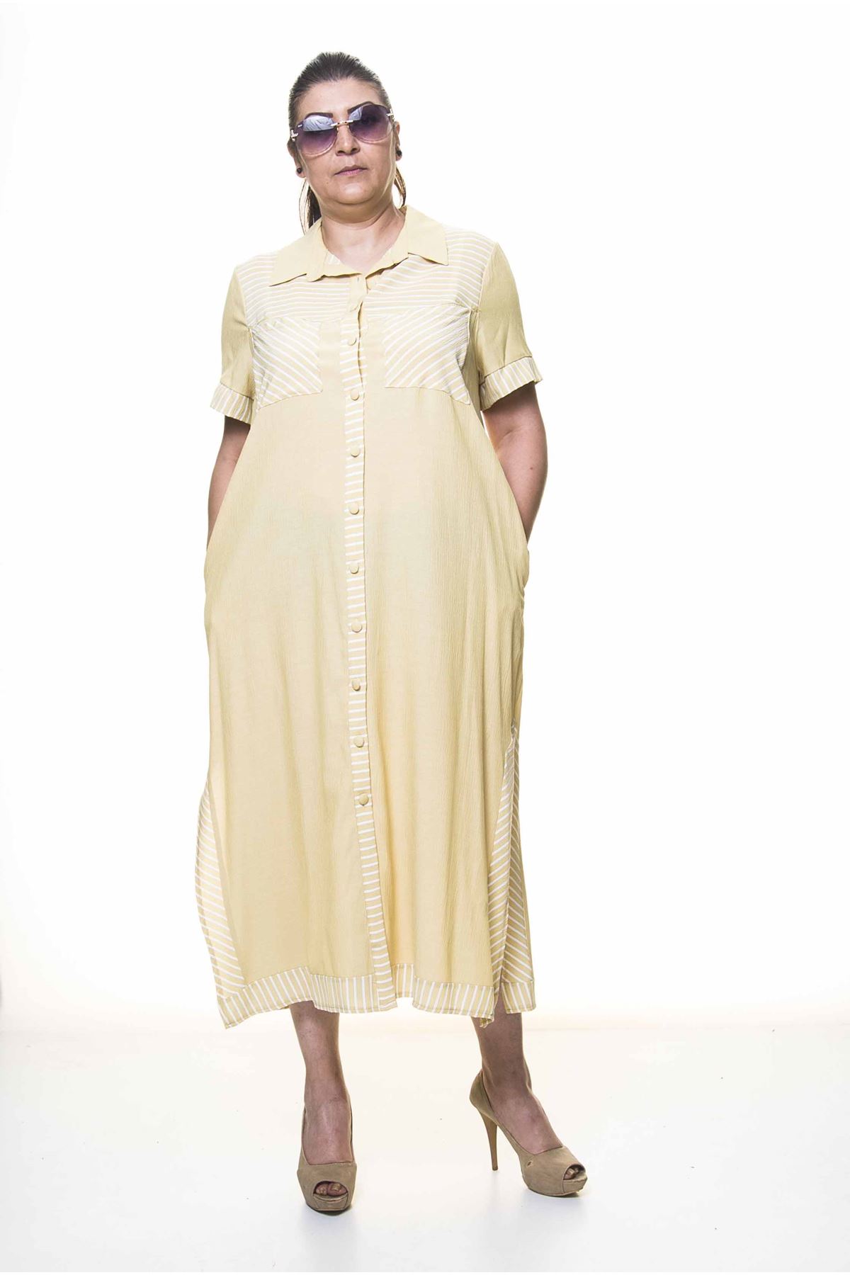 Kadın Büyük Beden Düğmeli Gömlek Yaka  Cepli Yazlık Uzun Elbise A3-4032
