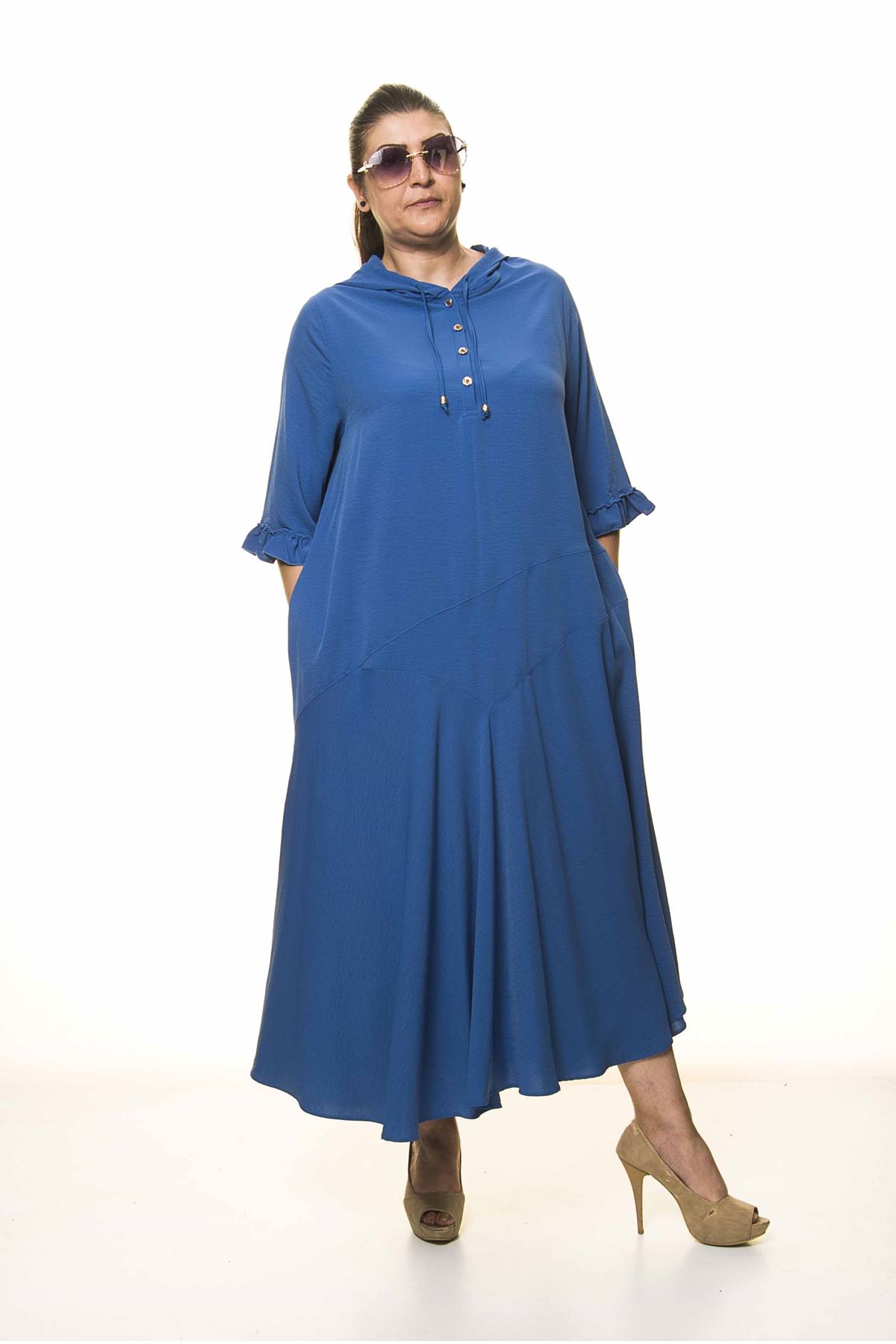 Kadın Büyük Beden Kapüşonlu Fıfrı Kol Mavi Uzun Elbise A3-4035