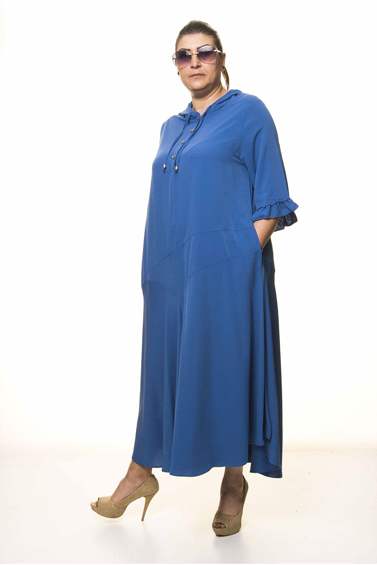 Kadın Büyük Beden Kapüşonlu Fıfrı Kol Mavi Uzun Elbise A3-4035