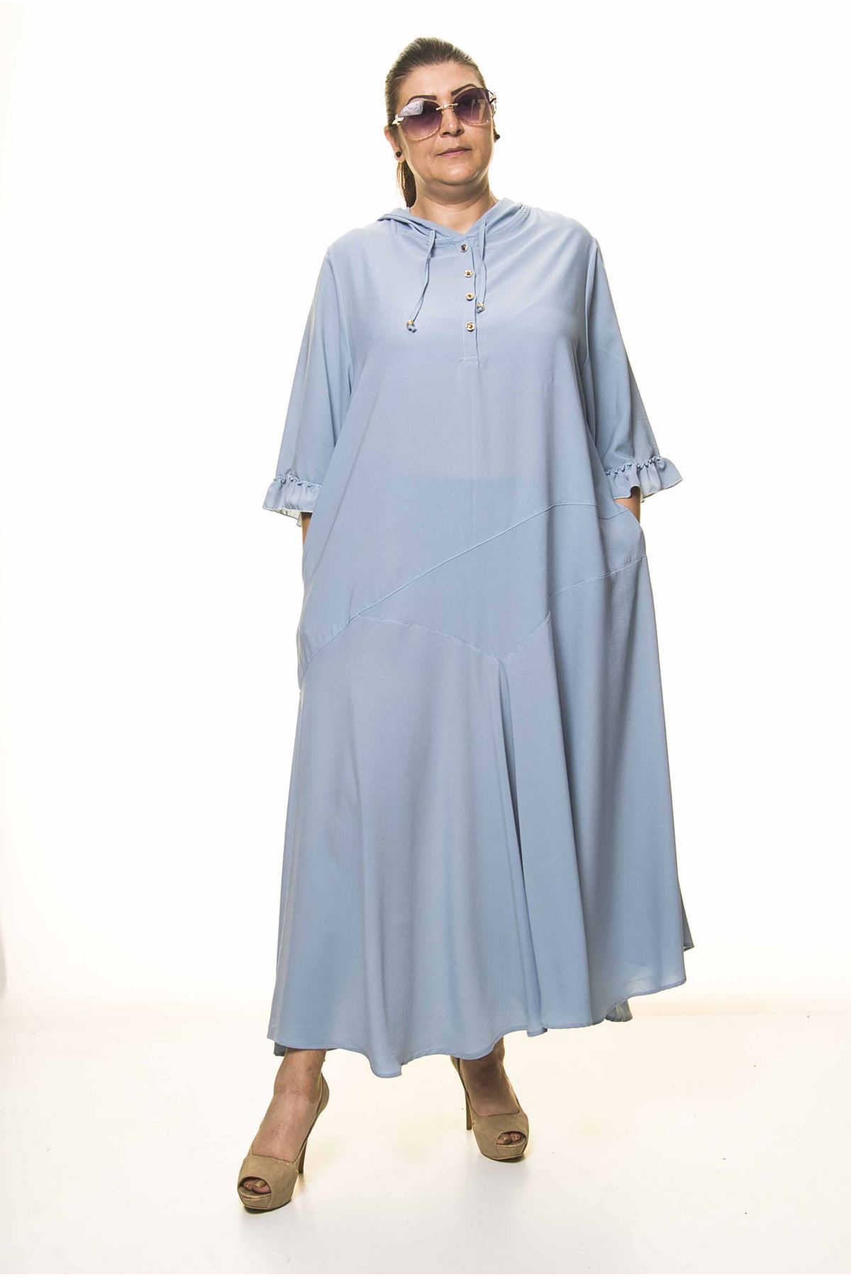 Kadın Büyük Beden Kapüşonlu Fırfır Kol Bebe Mavi Uzun Elbise A3-4037