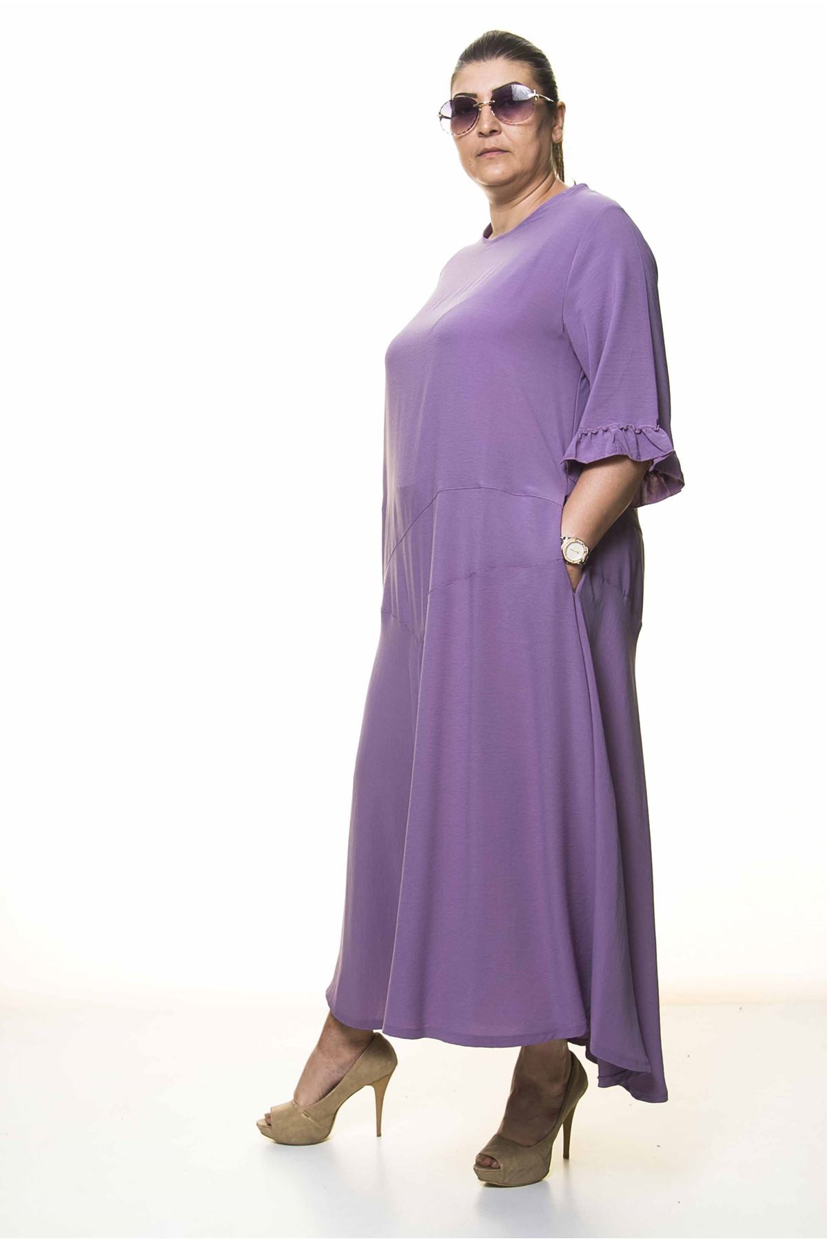 Kadın Büyük Beden Lila Uzun Asimetrik Fırfır Kol  Elbise A3-4038