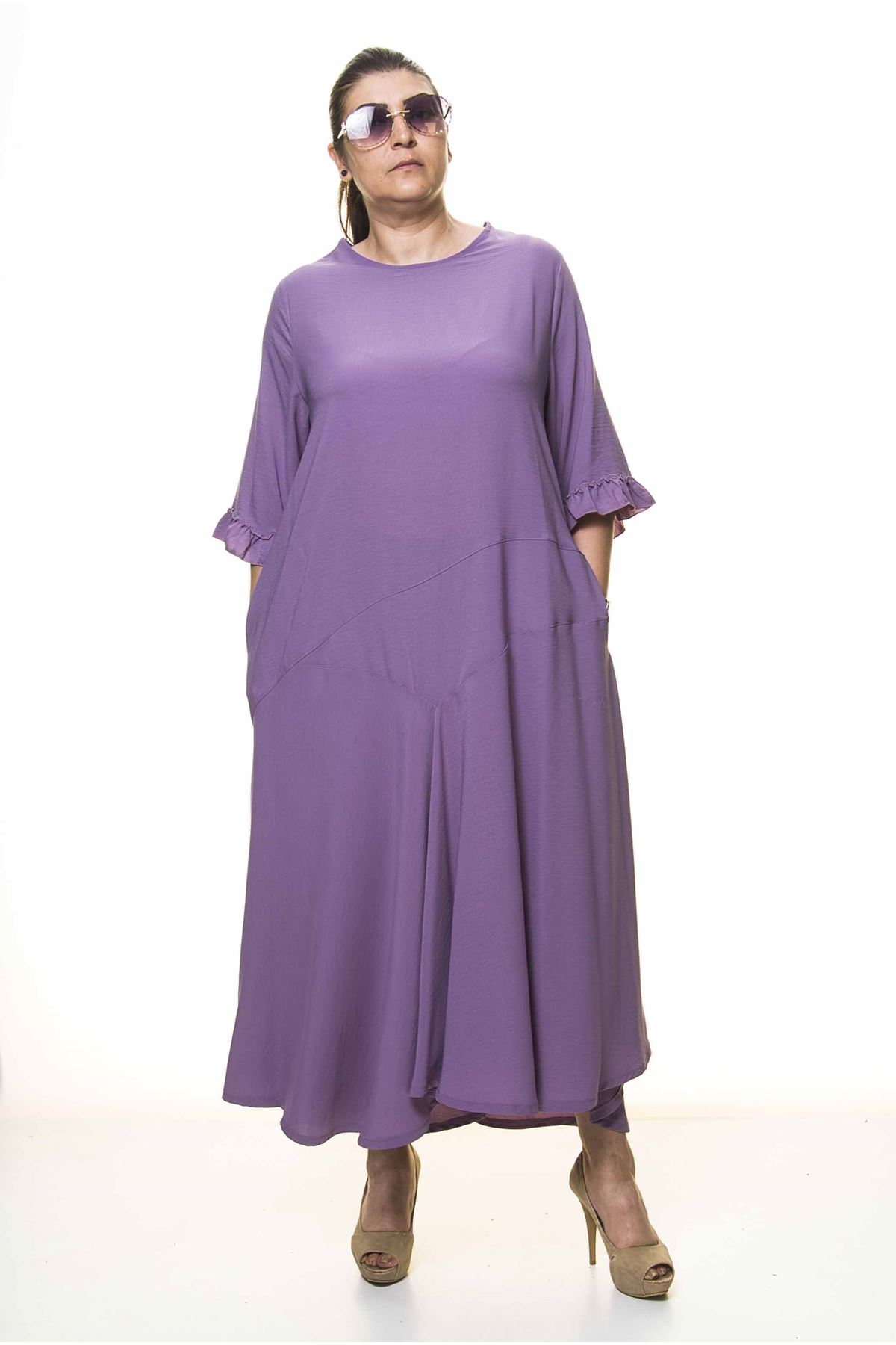 Kadın Büyük Beden Lila Uzun Asimetrik Fırfır Kol  Elbise A3-4038