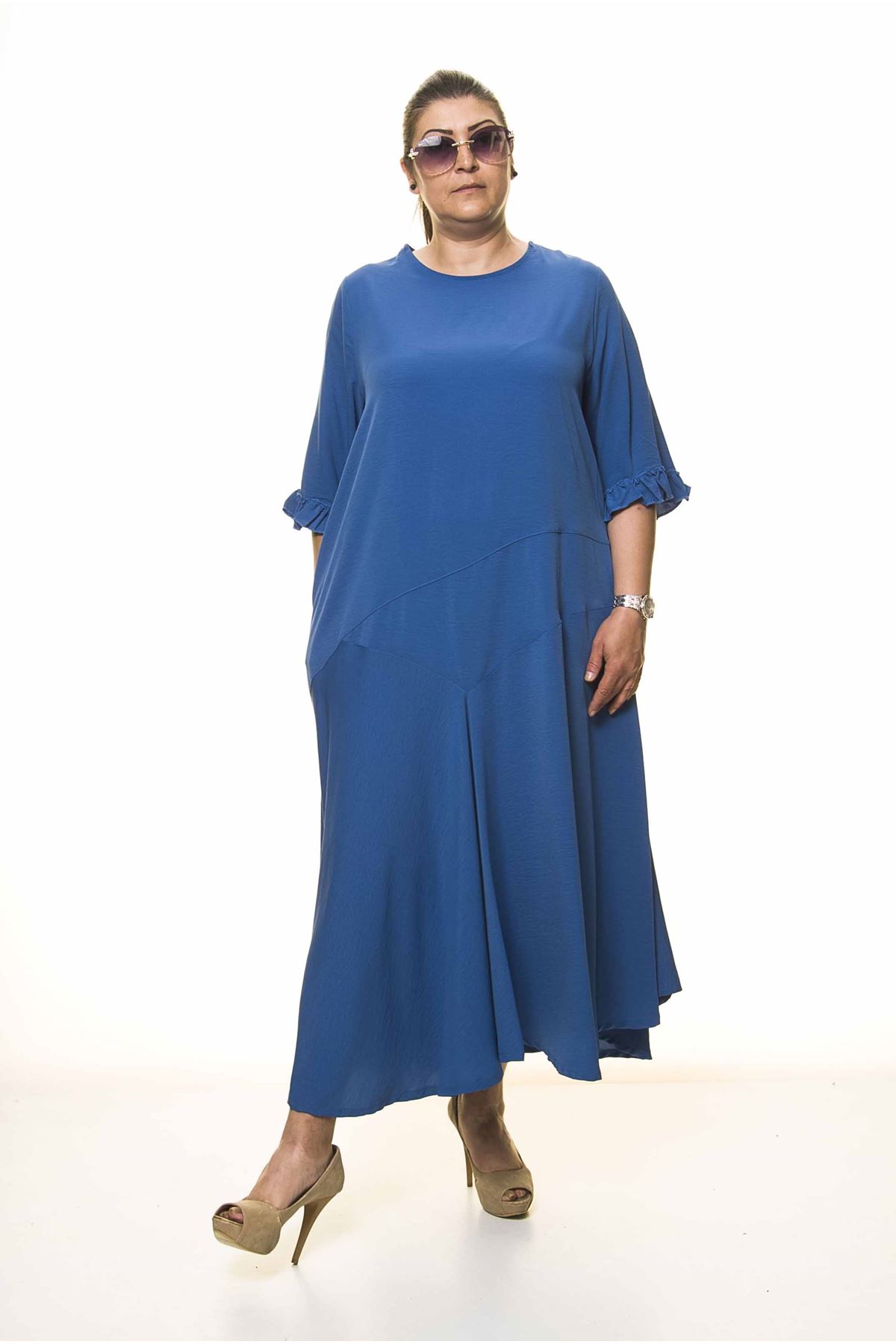 Kadın Büyük Beden Mavi Uzun Asimetrik Fırfır Kol  Elbise A3-4039