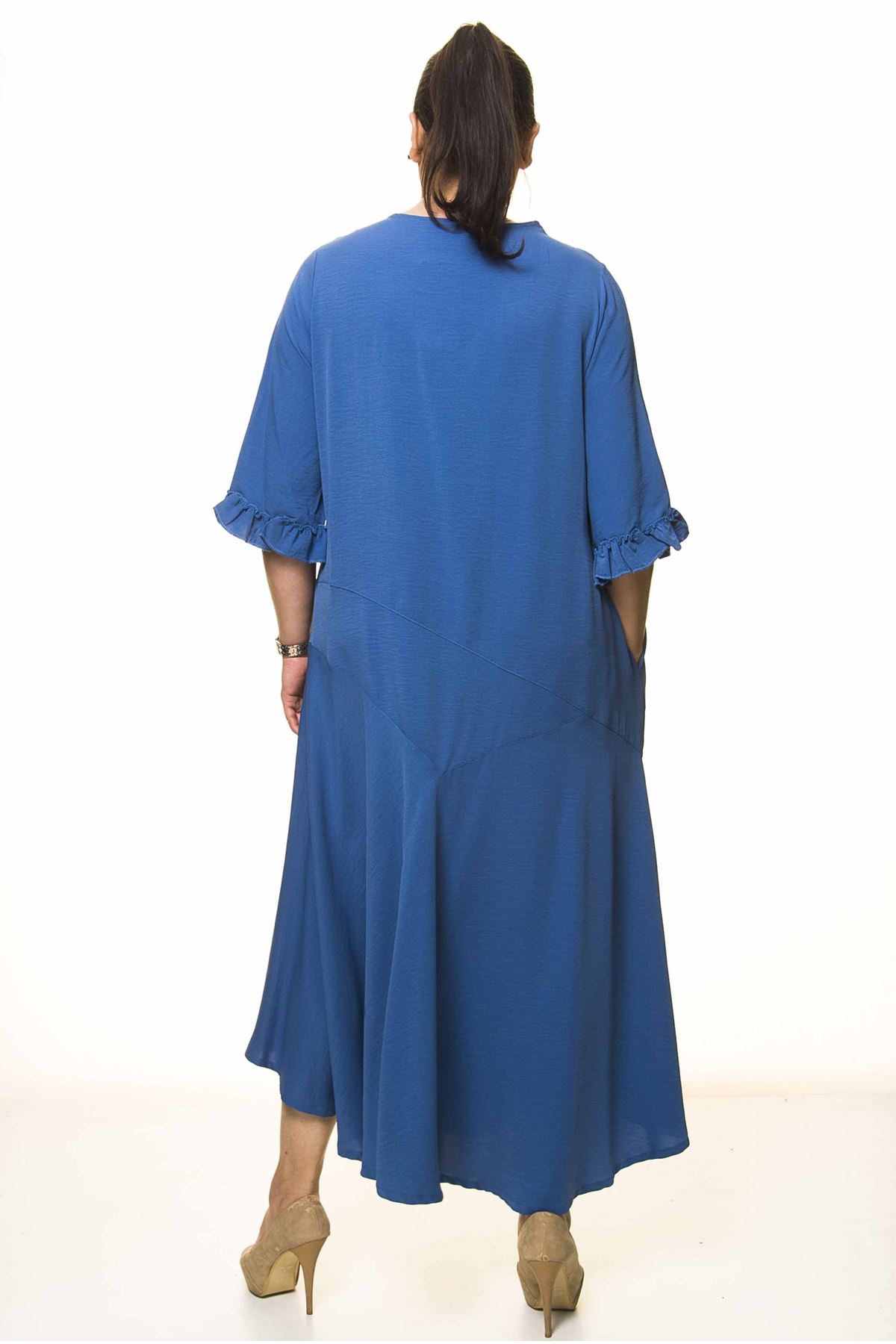 Kadın Büyük Beden Mavi Uzun Asimetrik Fırfır Kol  Elbise A3-4039