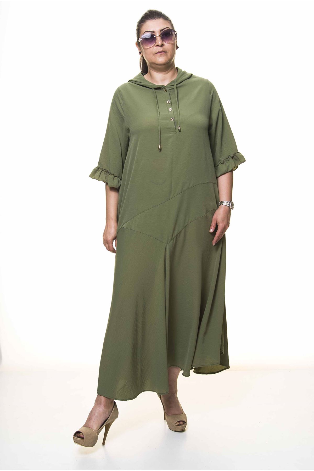 Kadın Büyük Beden Kapüşonlu Fırfır Kol Haki Uzun Yazlık Elbise A3-4040