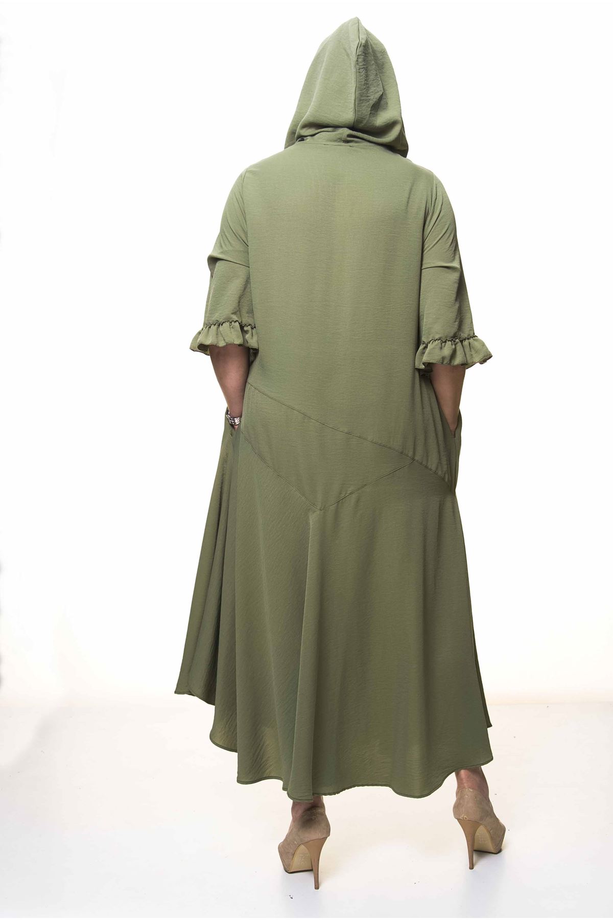 Kadın Büyük Beden Kapüşonlu Fırfır Kol Haki Uzun Yazlık Elbise A3-4040