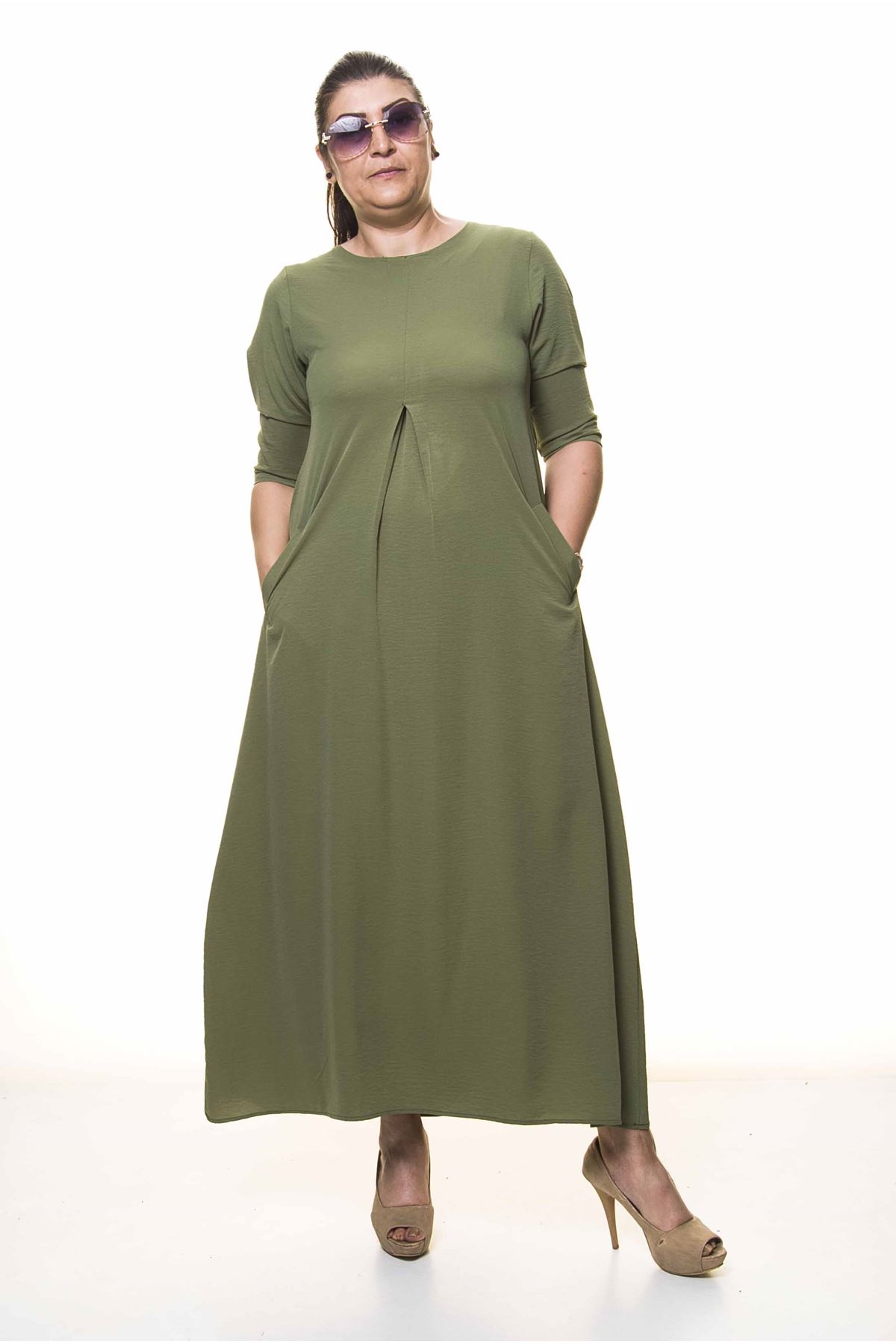 Kadın Büyük Beden Haki Yeşil Uzun Yazlık Elbise A3-4043