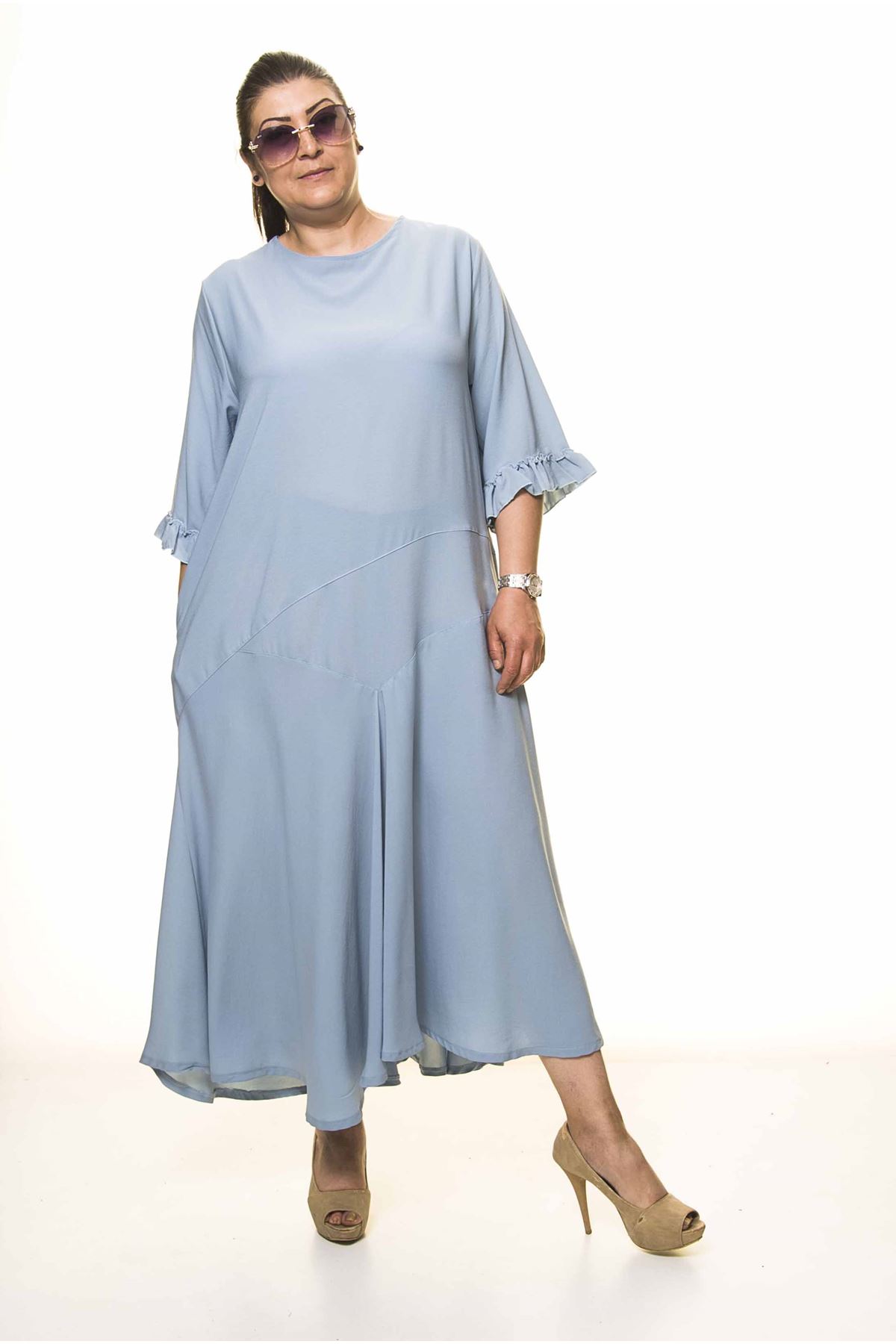 Kadın Büyük Beden Bebe Mavisi Uzun Asimetrik Fırfır Kol  Elbise A3-4044