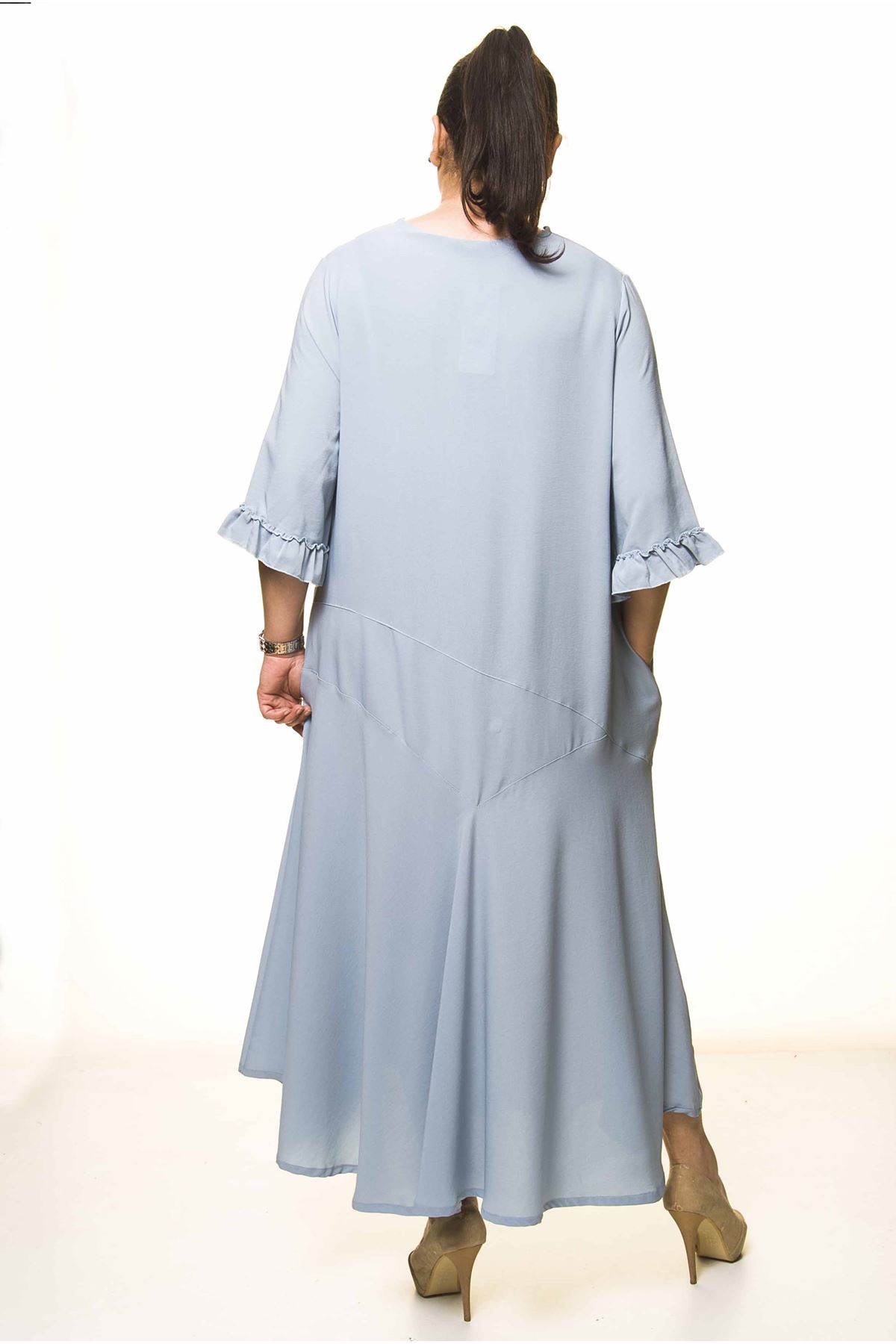 Kadın Büyük Beden Bebe Mavisi Uzun Asimetrik Fırfır Kol  Elbise A3-4044