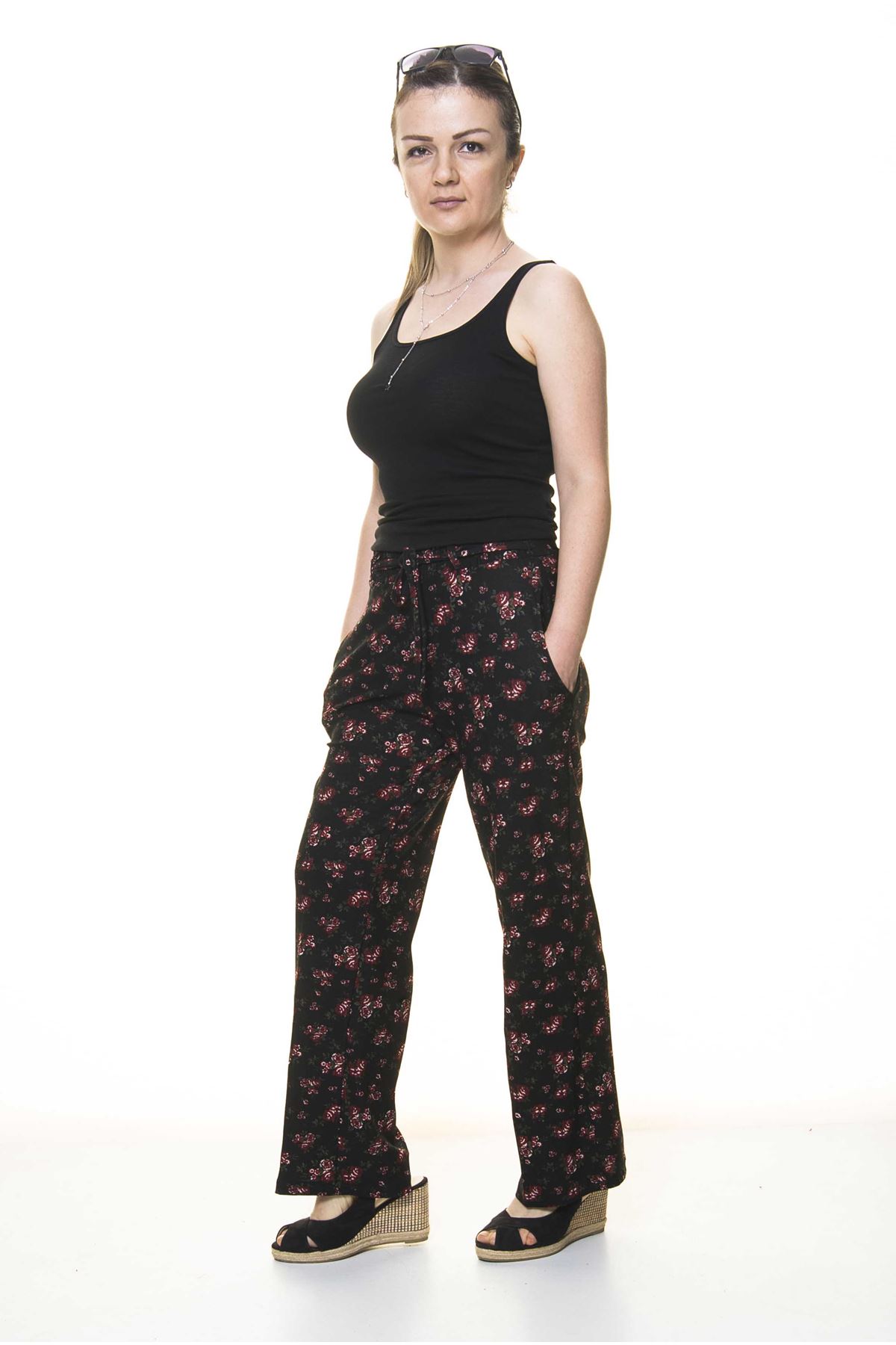 Kadın Beli Lastikli Çiçek Desenli Pantolon 10E-4025