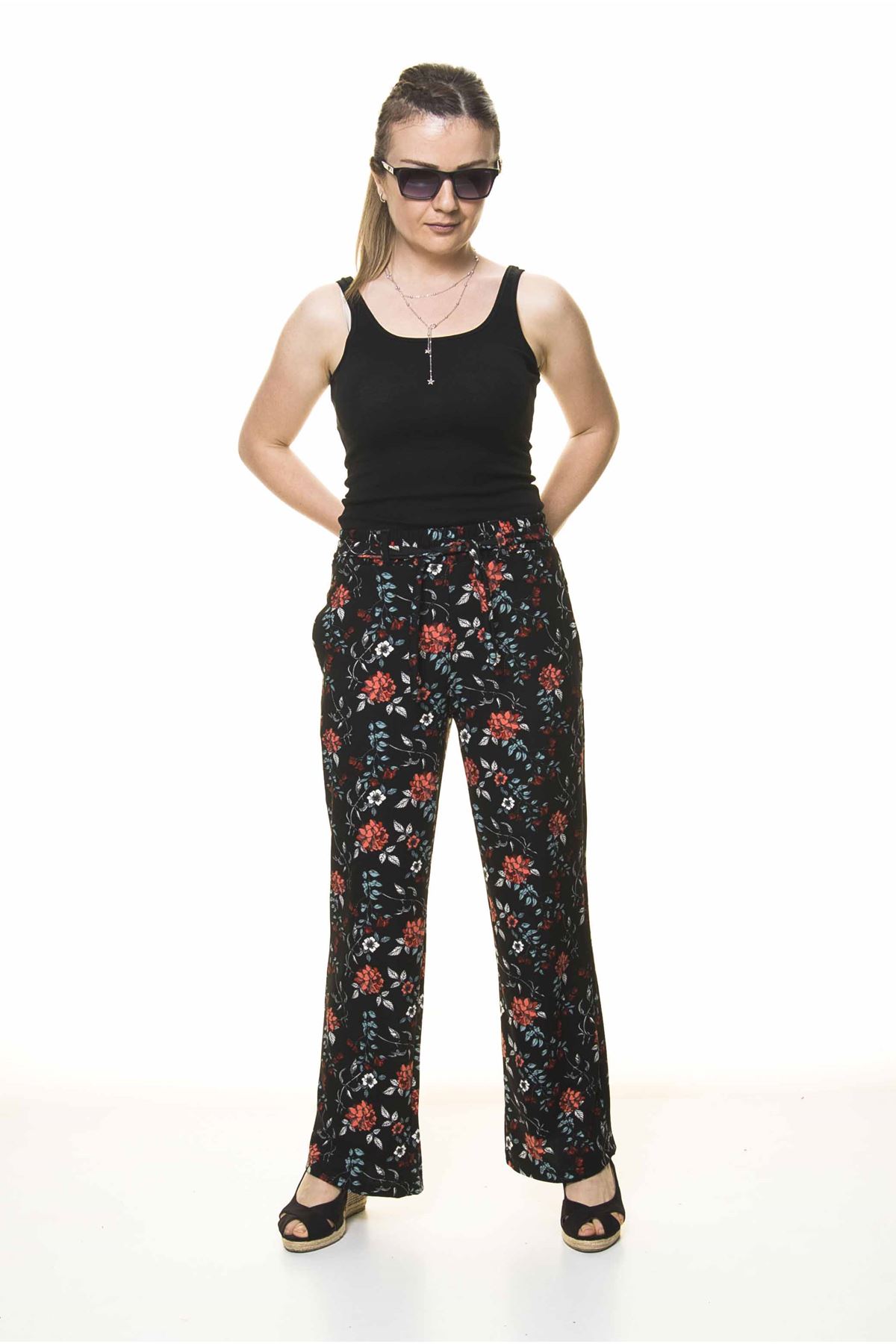 Kadın Beli Lastikli Çiçek Desenli Pantolon 10E-4022