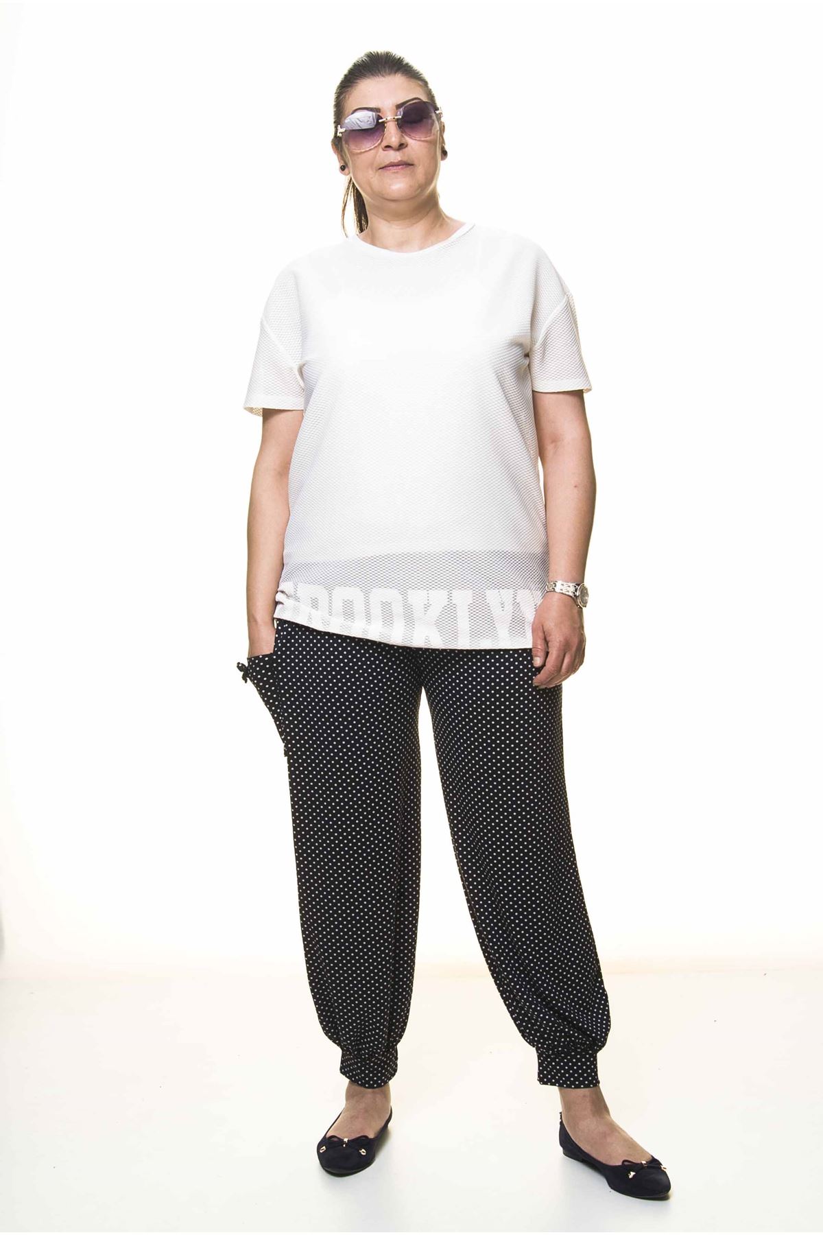Kadın Beli Lastikli Siyah Puantiyeli Şalvar Pantolon 8C-4007