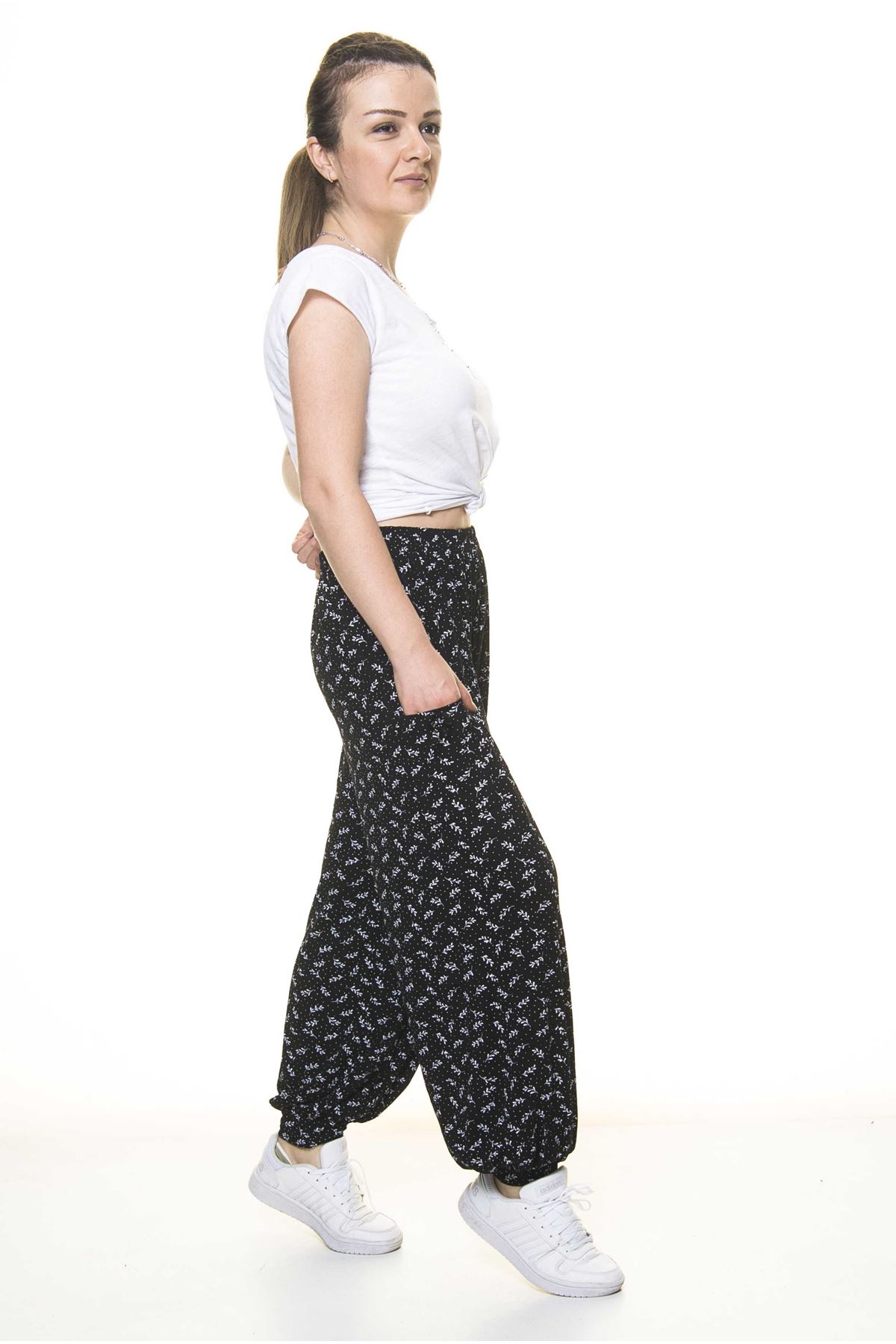 Kadın Beli Lastikli Siyah Desenli Şalvar Pantolon 8C-4009