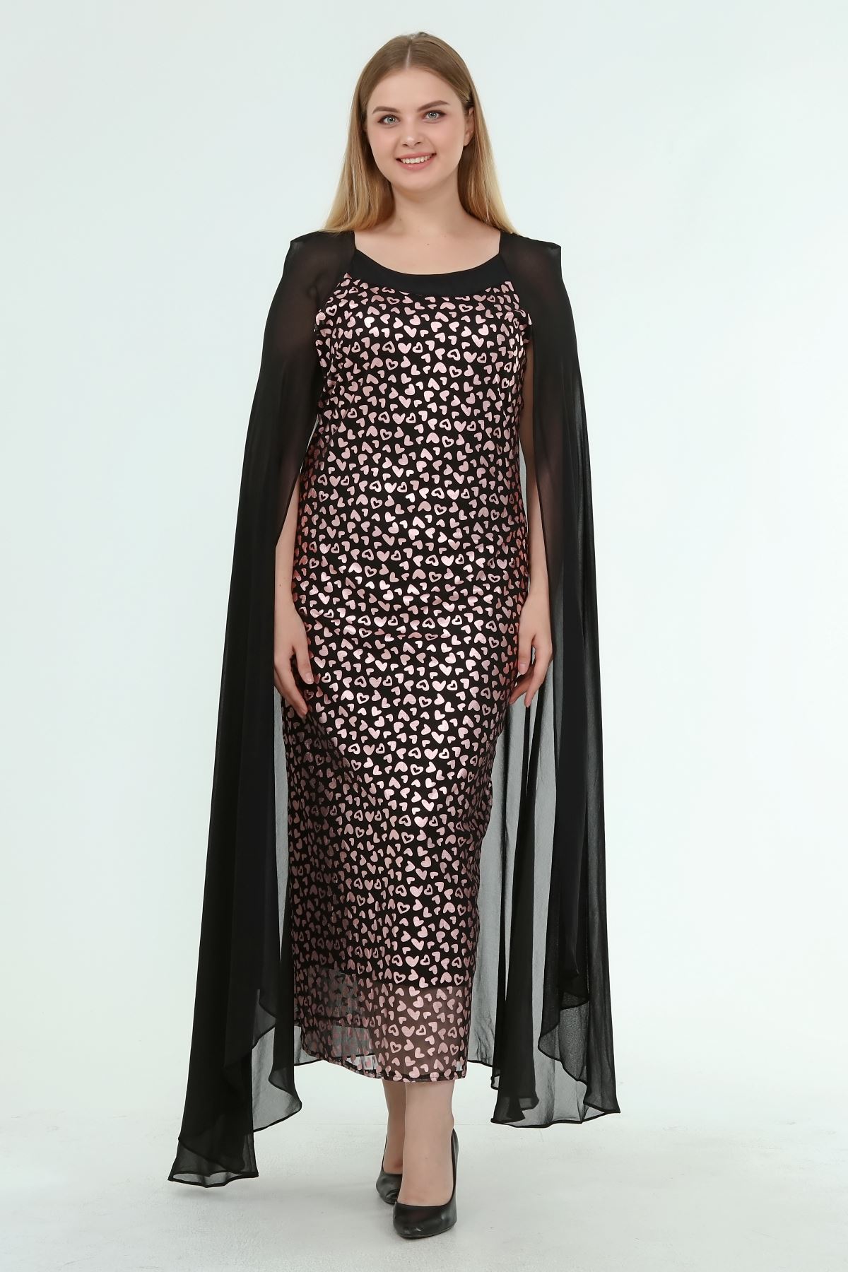 Kadın Büyük Beden Siyah Desenli Pelerinli Gece Elbisesi  A1-4053