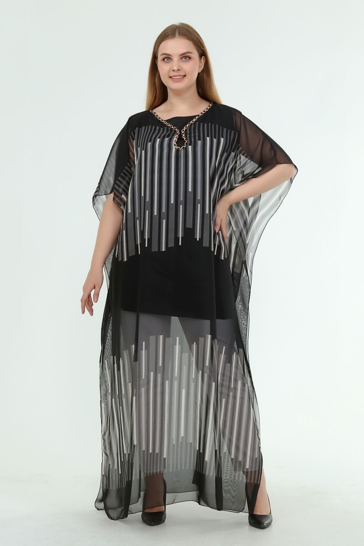 Kadın Büyük Beden Siyah Desenli Şifon Astarlı Elbise  A1-4055
