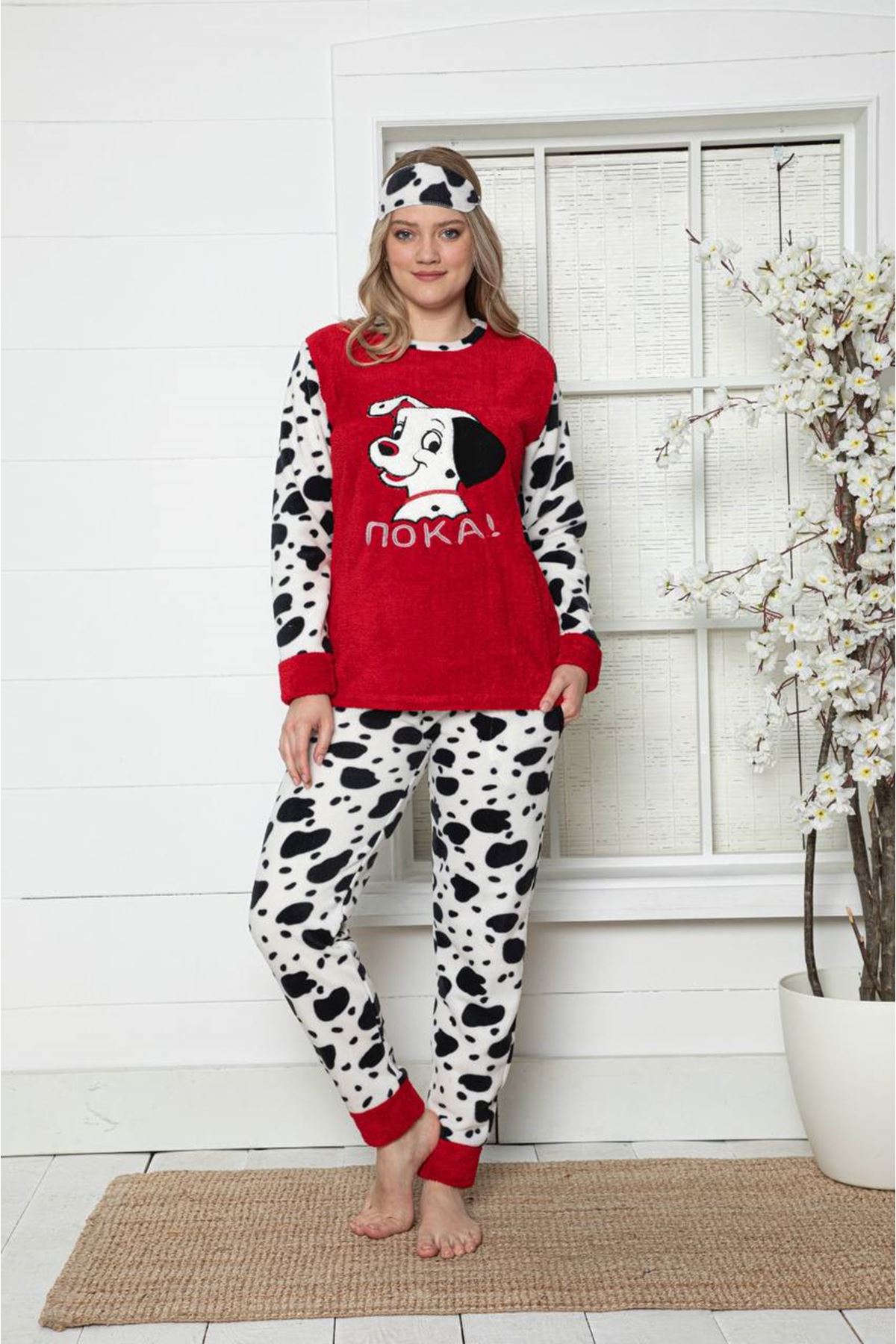 Kadın Desenli Kırmızı Kışlık Polar Pijama Takımı 14F-20003-1