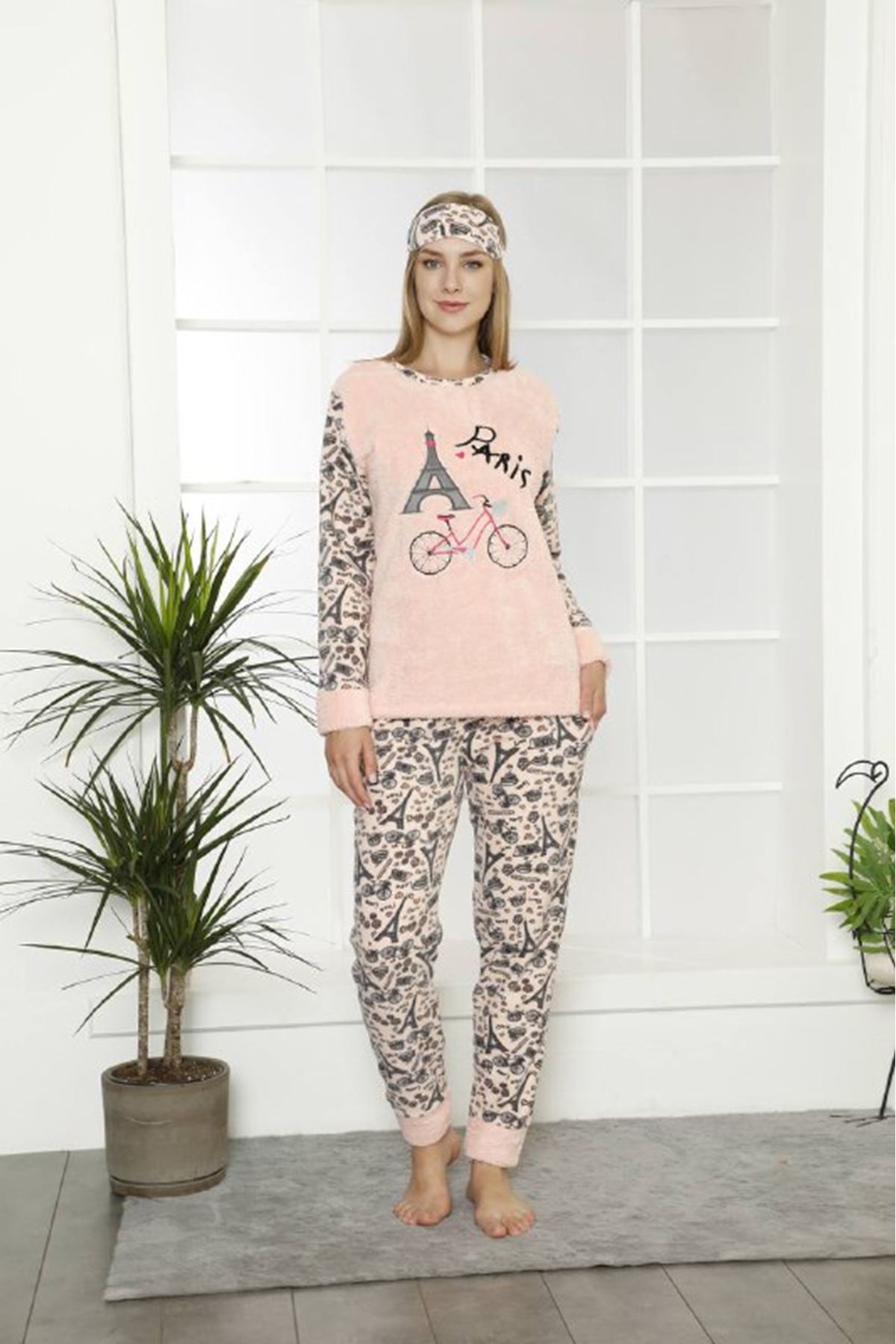 Kadın Somon Desenli Kışlık Polar Pijama Takımı 11F-20008